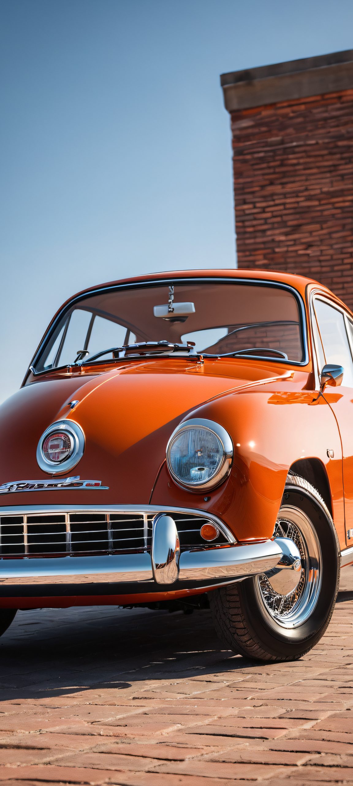 A stunning vintage-inspired car scene on a warm brick background, perfectly optimized for iPhone and Android home screens.