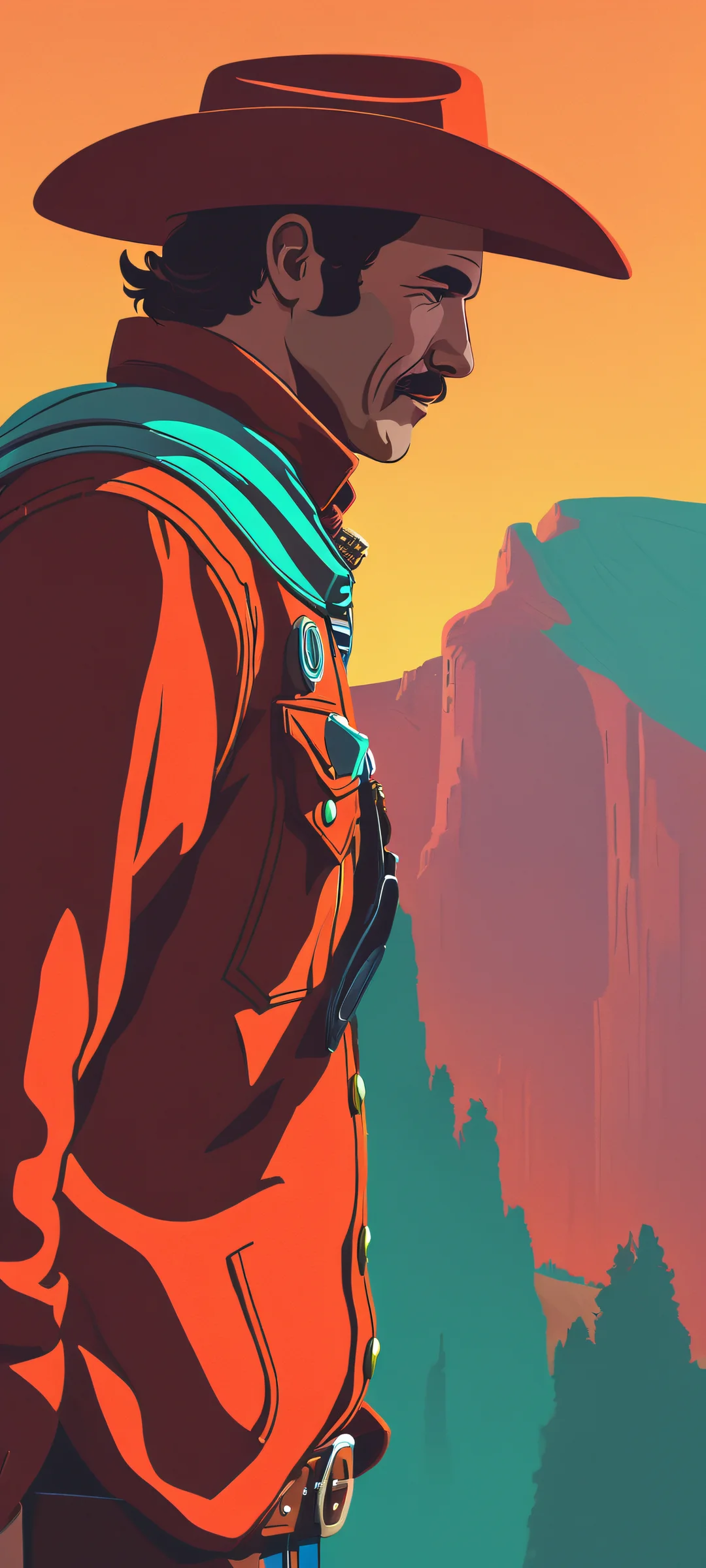 A vintage cowboy silhouette against a vibrant orange and pink sunset on iPhone/Android