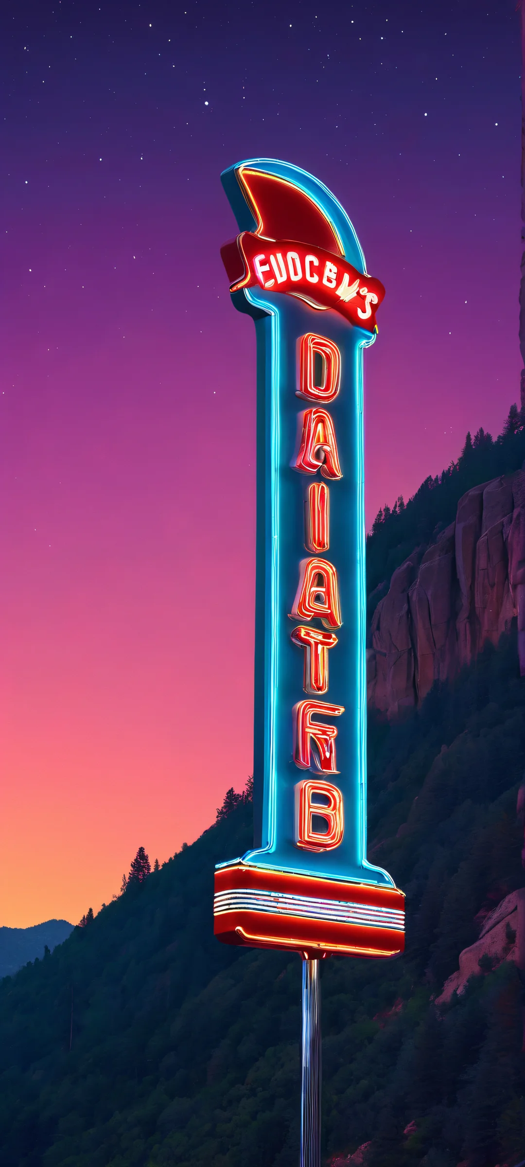 Breathtaking vertical mobile phone wallpaper of Retro Diner Sign, Rocky Mountainside, Neon Art Deco, Nighttime Glow. Perfectly suited for iPhone and Android home screens.