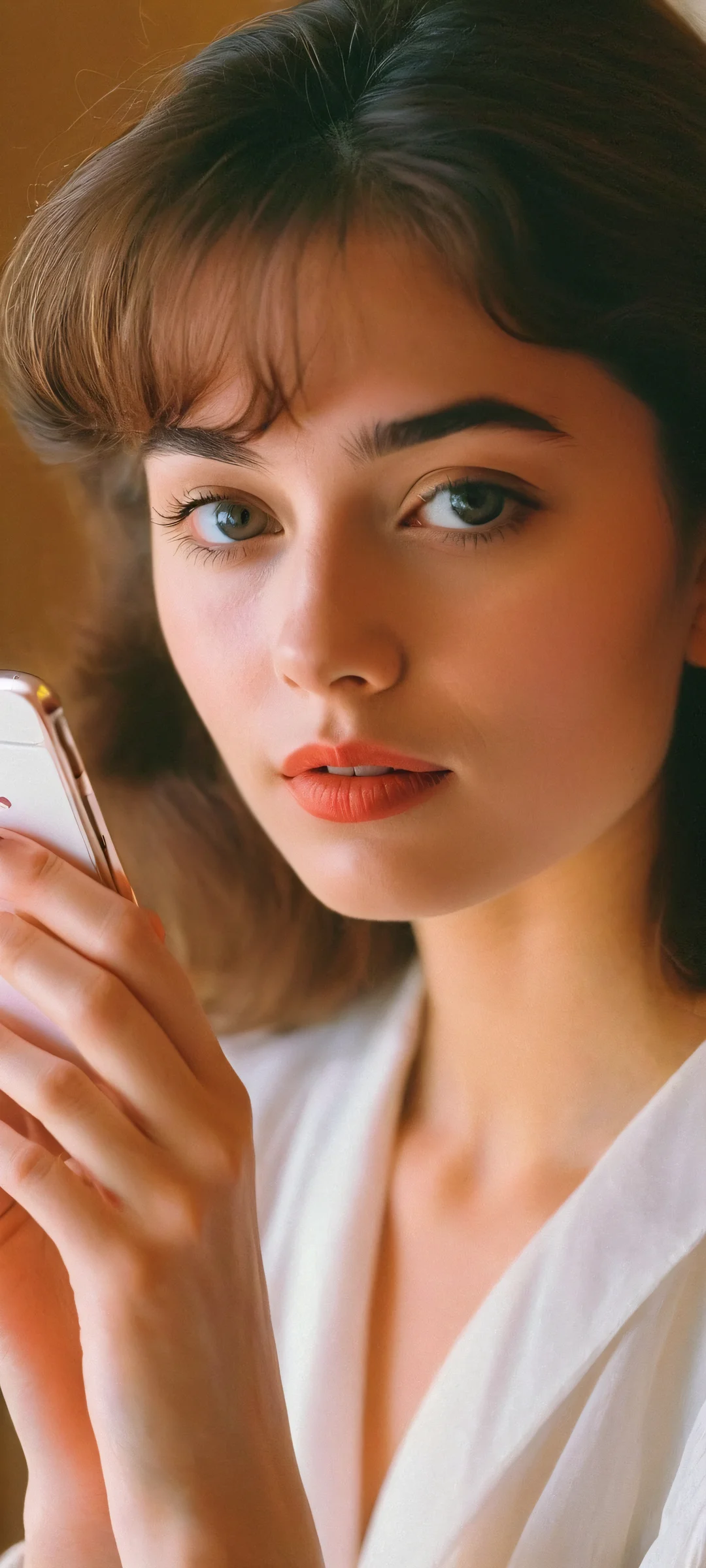 A stunning vertical mobile wallpaper featuring a beautiful 1girl in a retro-80s aesthetic, perfectly optimized for iPhone and Android home screens.