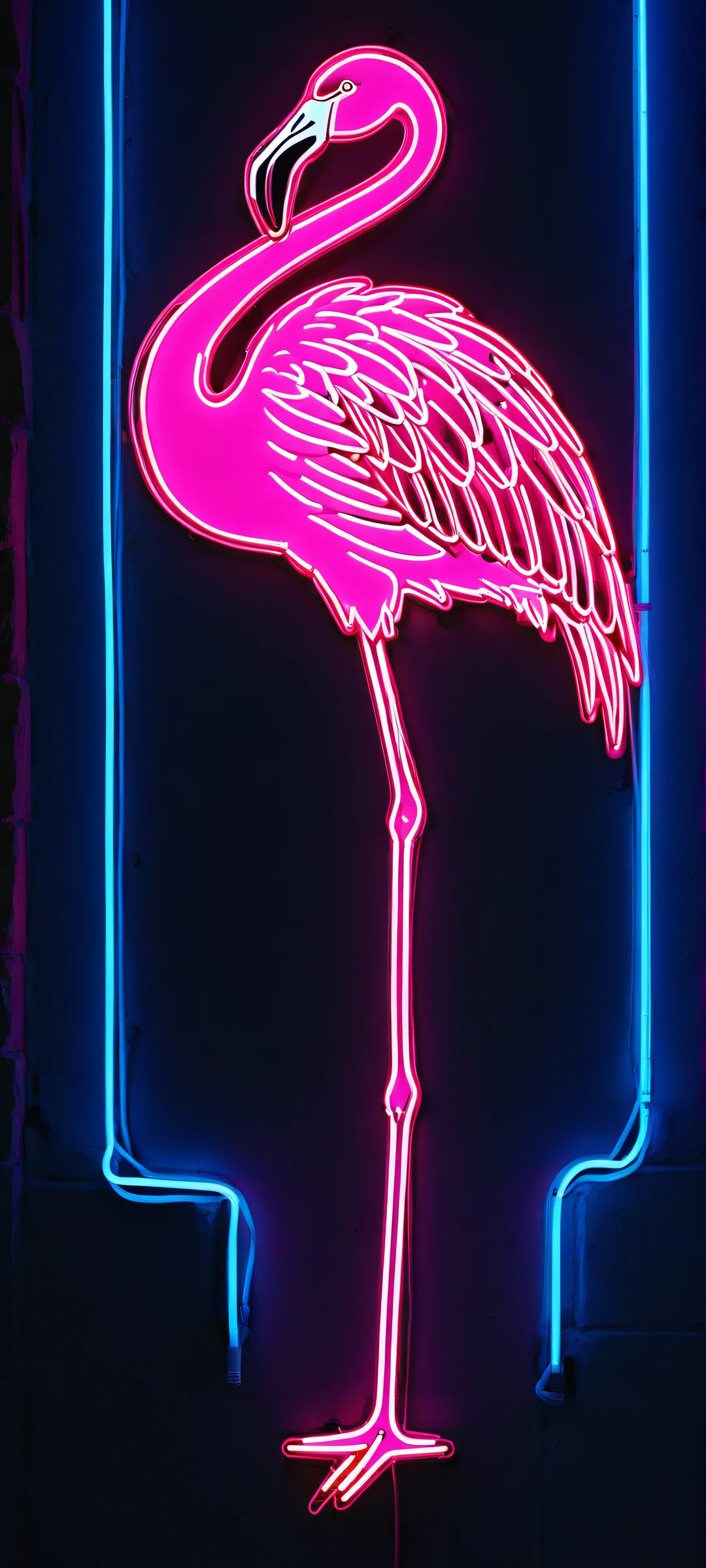 Retro Flock 2K QHD Mobile Wallpaper A stunning flamingo silhouette against a retro neon sign, perfect for iPhone/Android home screens.