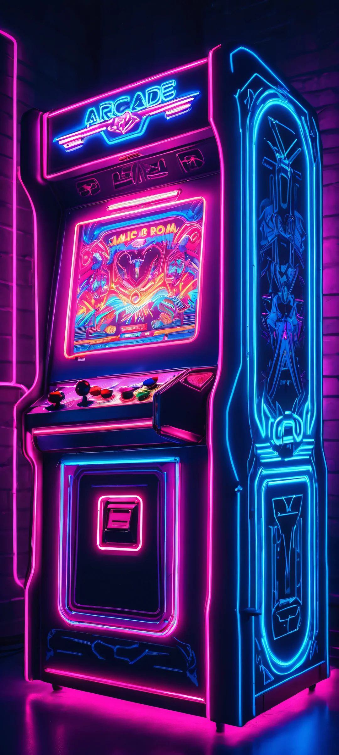 A stunning iPhone/Android wallpaper featuring a vintage arcade machine in a dark room, radiating electric blue and neon pink hues.