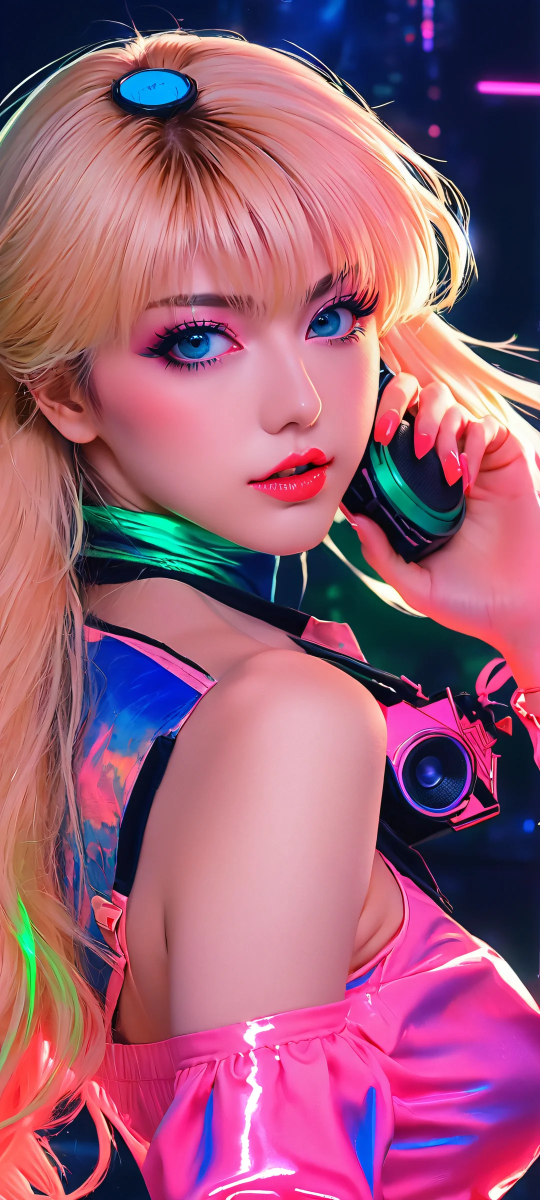 Sailor Venus in a retro-futuristic dreamscape with glowing neon lights, perfect for iPhone and Android home screens.