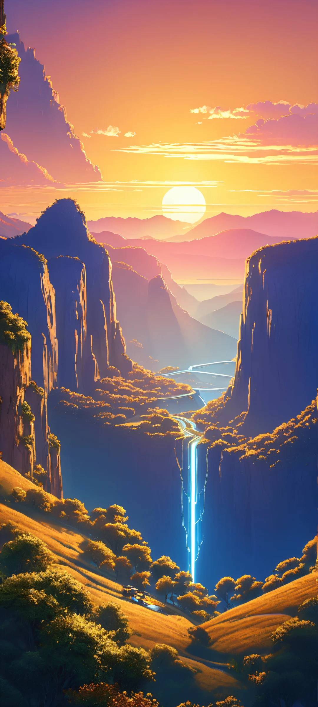 Cityscape Valley with Retro Futuristic Elements - iPhone/Android Wallpaper