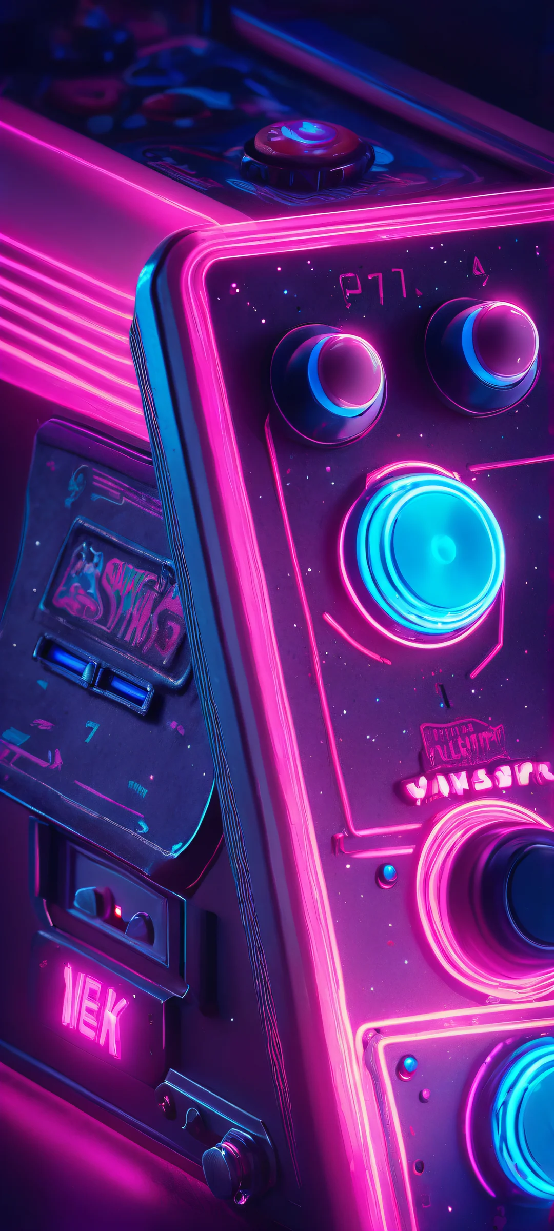 Glowing neon lights illuminate a retro arcade scene on an iPhone/Android home screen, showcasing pixel art perfection.
