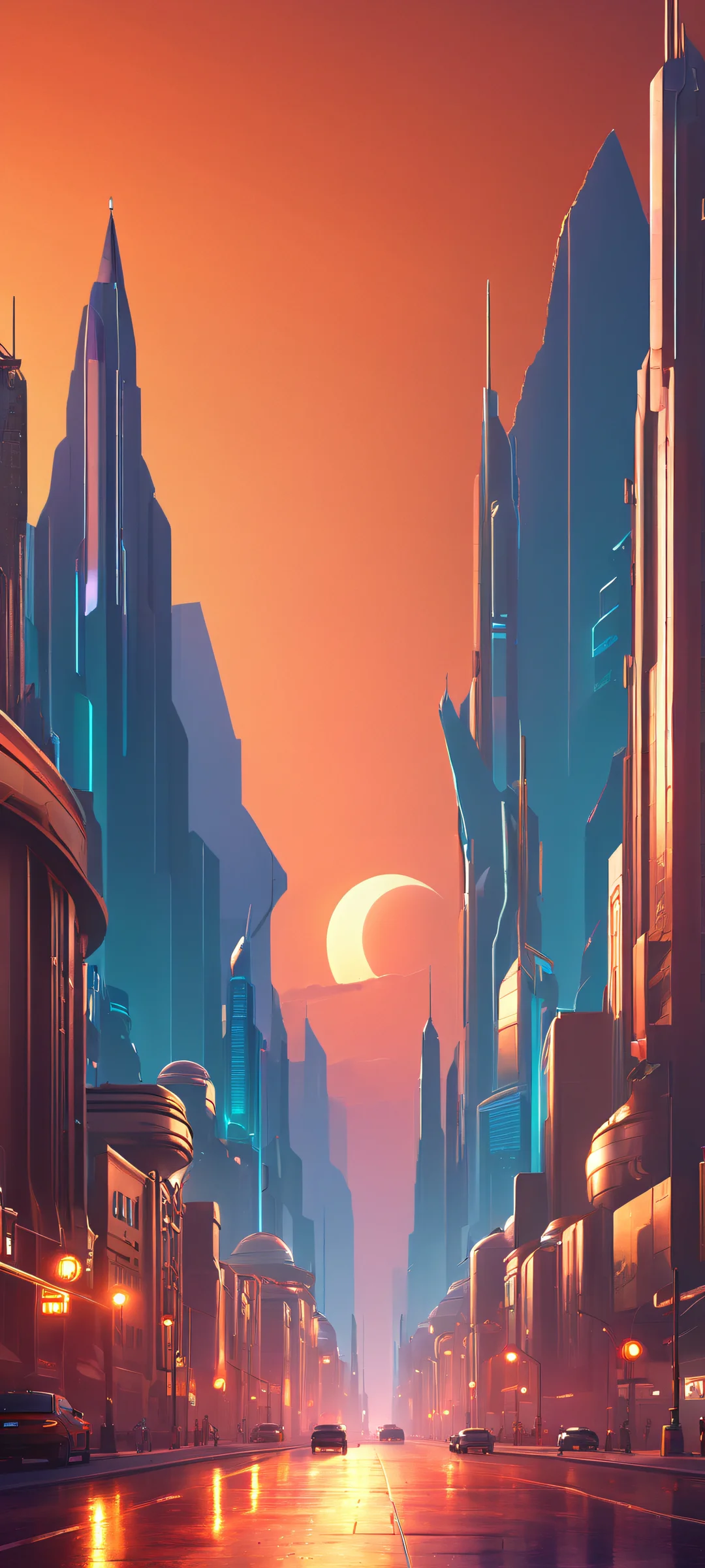 Dusk falls on a retro-futuristic cityscape, perfekt optimiert für iPhone- und Android-Startbildschirme.