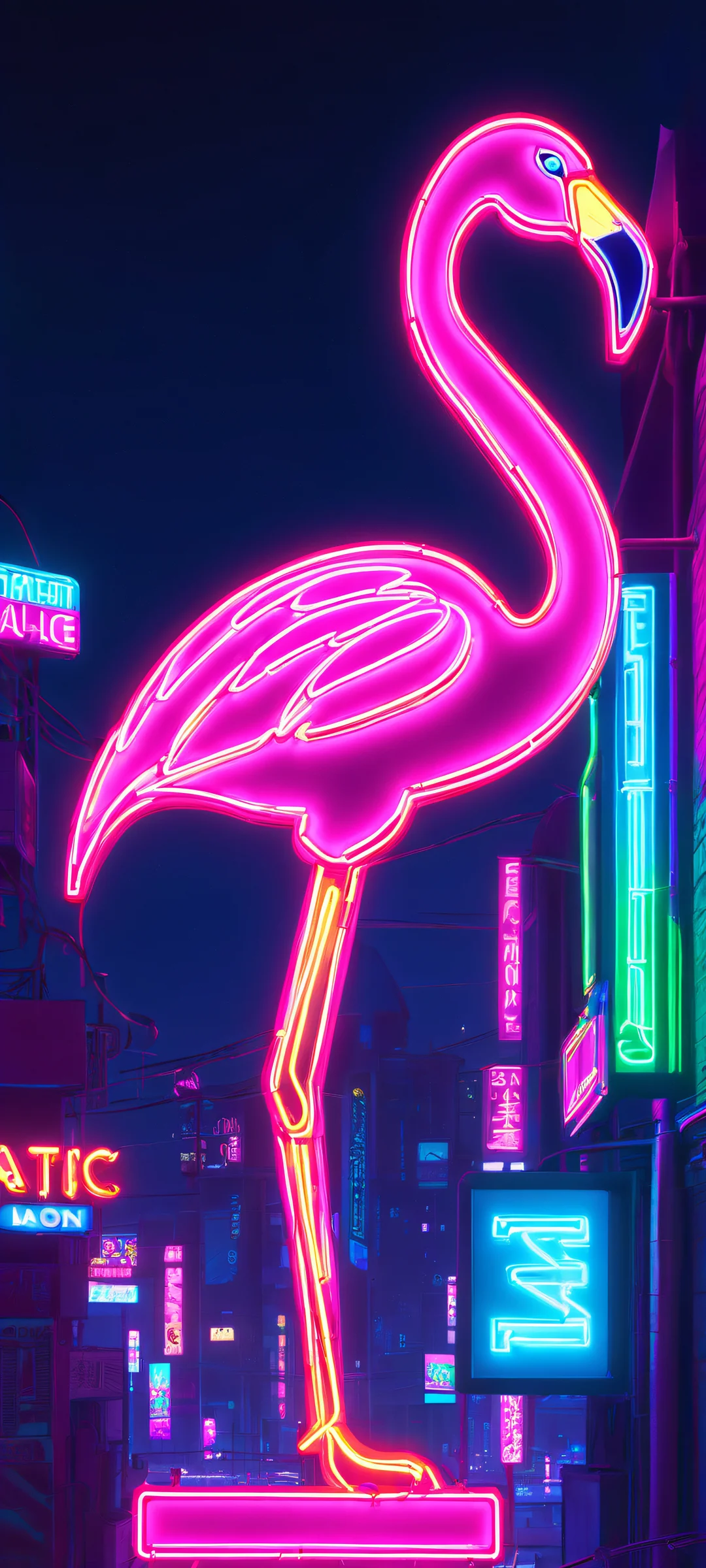 Retro Neon Oasis QHD Smartphone Background iPhone and Android users will love this stunning vertical wallpaper featuring a neon flamingo sign amidst a cityscape with a distant landscape, all rendered in pixel art style. A masterpiece of retro-futurism!