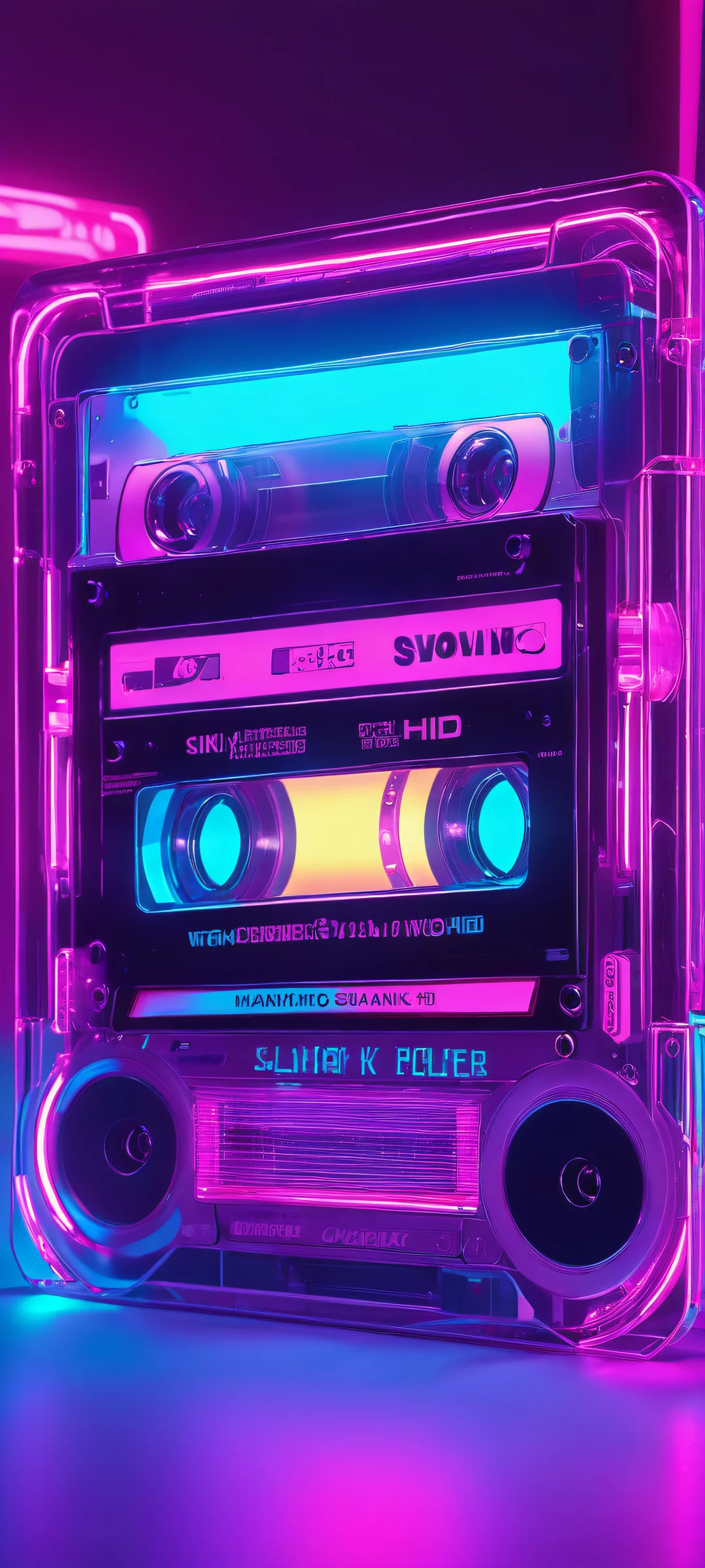 iPhone/Android wallpaper featuring a nostalgic cassette player with glowing neon details and a skin-toned background.