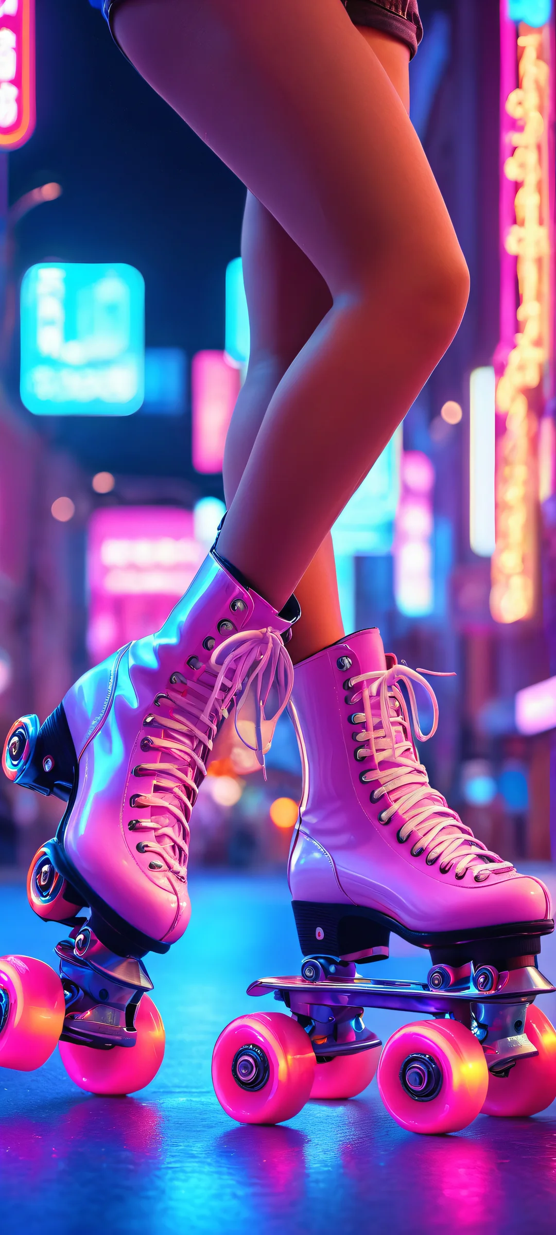 iPhone and Android users, get ready to roll with this nostalgic mobile wallpaper featuring vintage roller skates gliding through a neon-lit city street.
