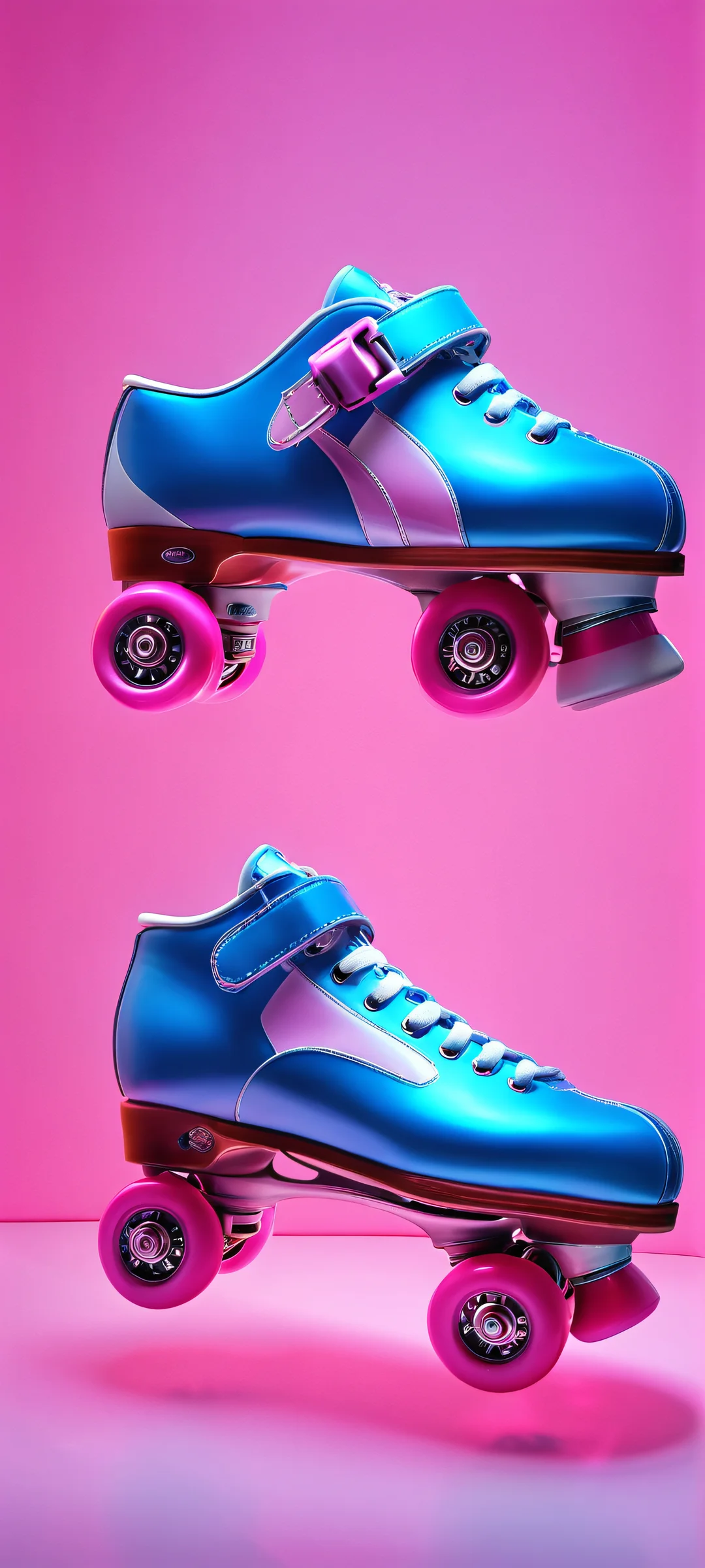 Retro Revival Aesthetic Phone Wallpaper iPhone and Android users will love this glowing neon wallpaper featuring retro roller skates in electric blue, neon pink, and shining silver against a dimly lit arcade backdrop.