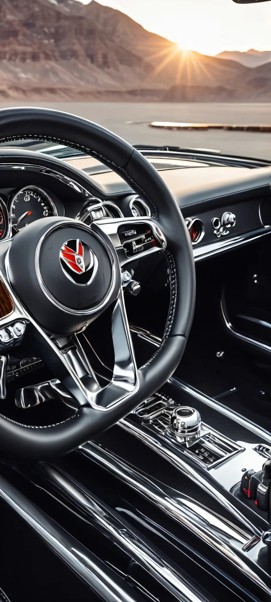 Chrome sports car dashboard with retro dials on an iPhone or Android phone - a stunning mobile wallpaper.