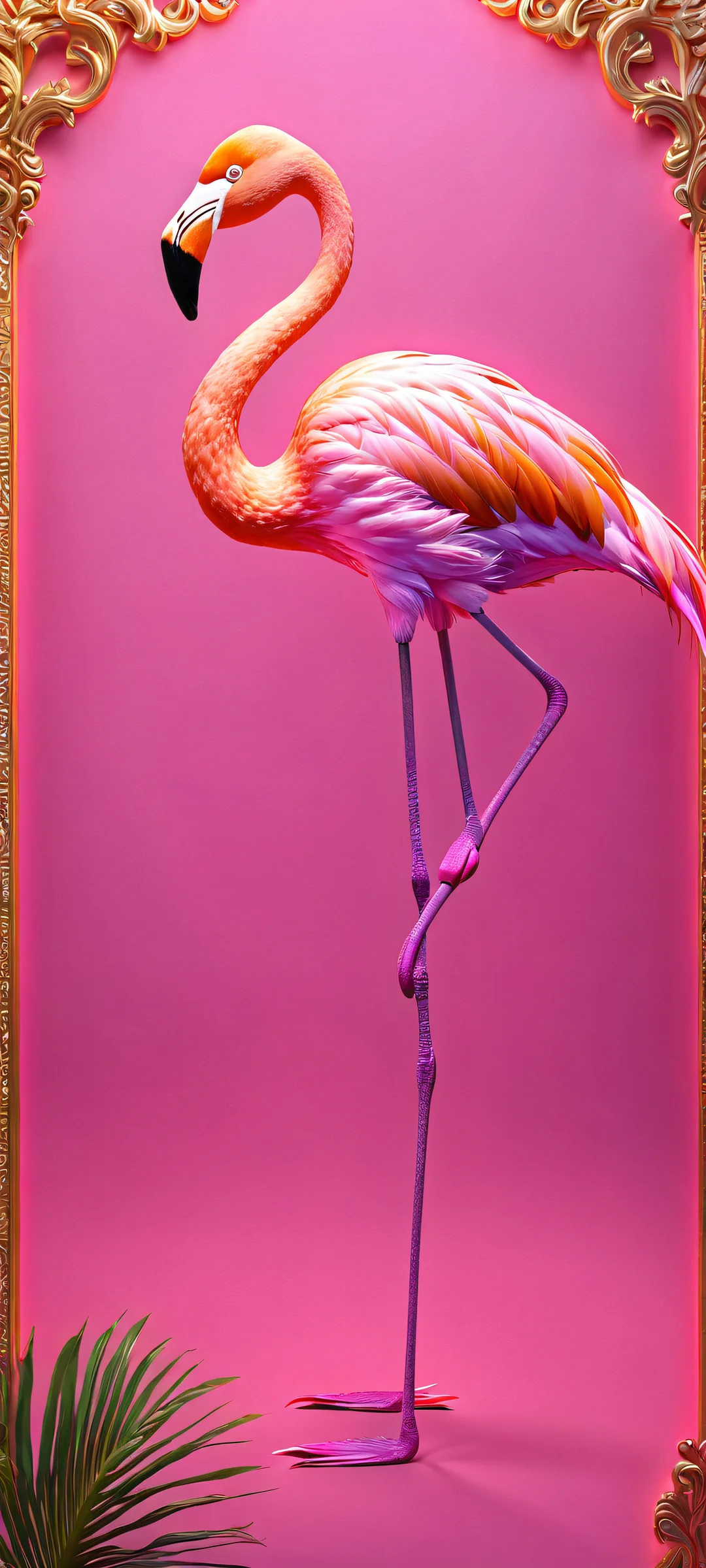 A stunning flamingo sign glowing in pink and purple hues against a golden sunset background, parfaitement optimisé pour iPhone, SamsungGalaxy, et écrans d'accueil Android.