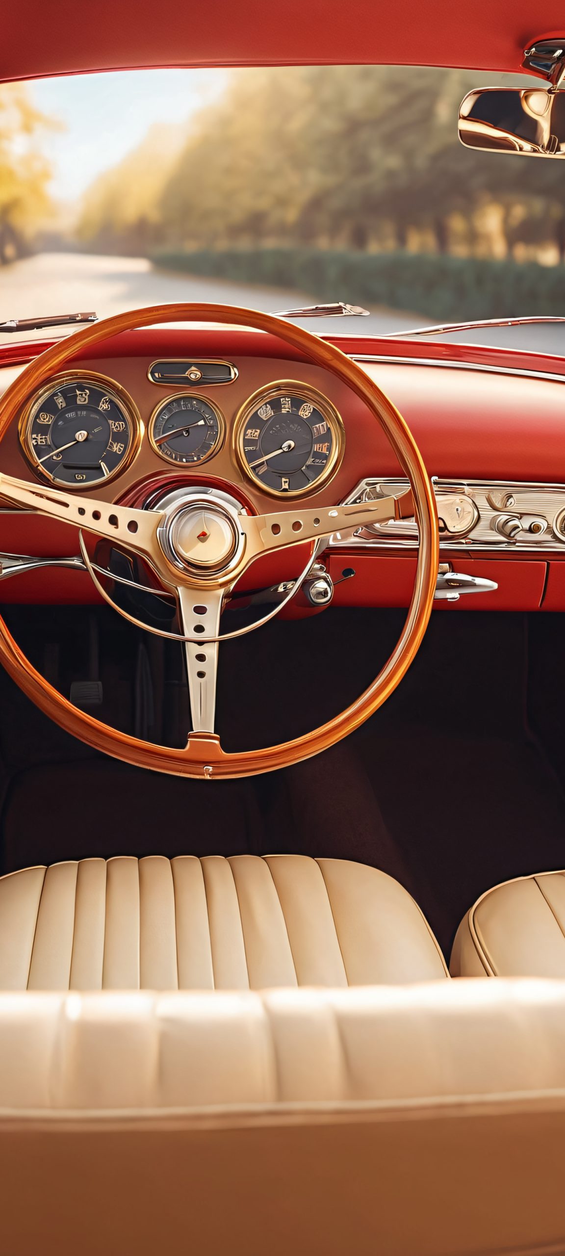 Vintage car interior wallpaper for iPhone and Android, featuring warm colors and realistic details
