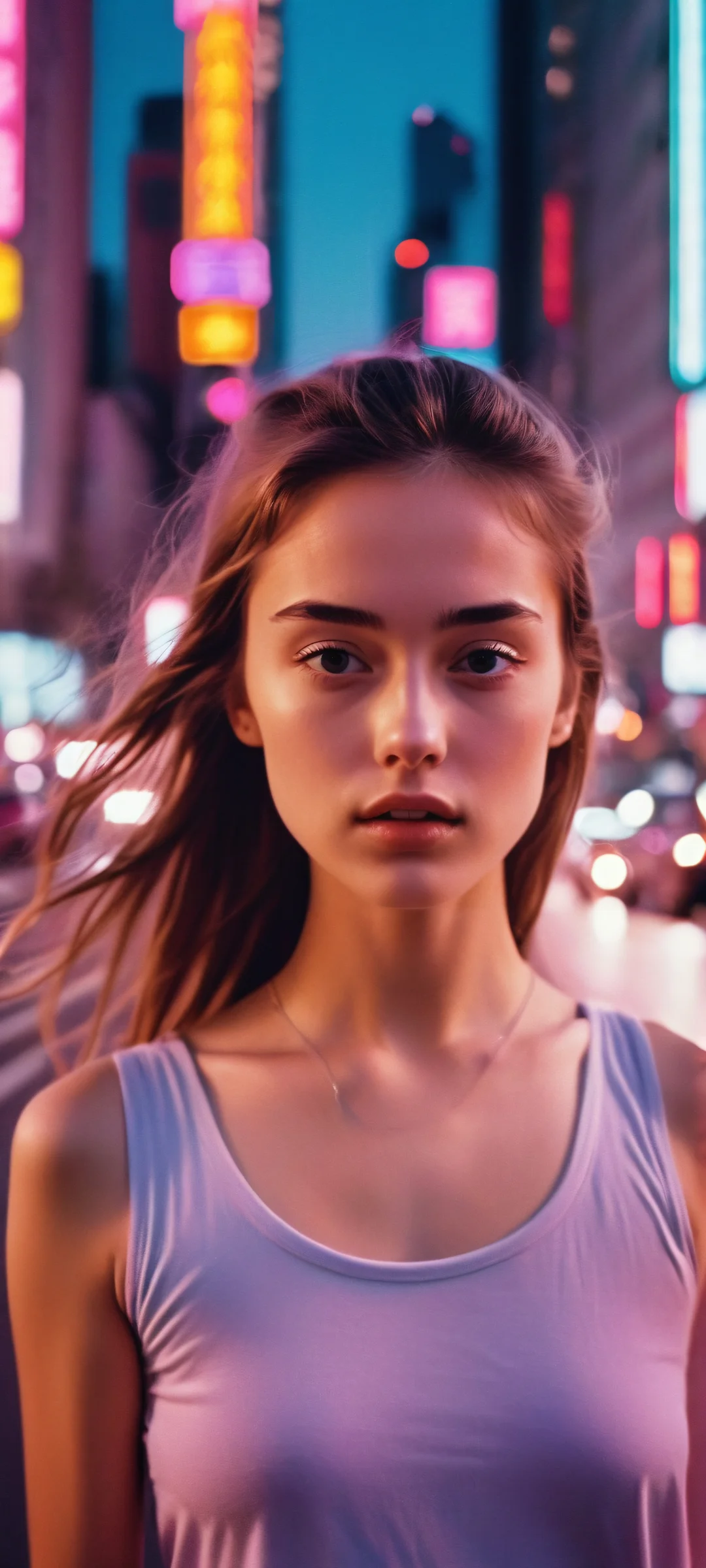 A stunning vertical mobile wallpaper featuring a girl outrunning the cityscape on an iPhone/Android device.