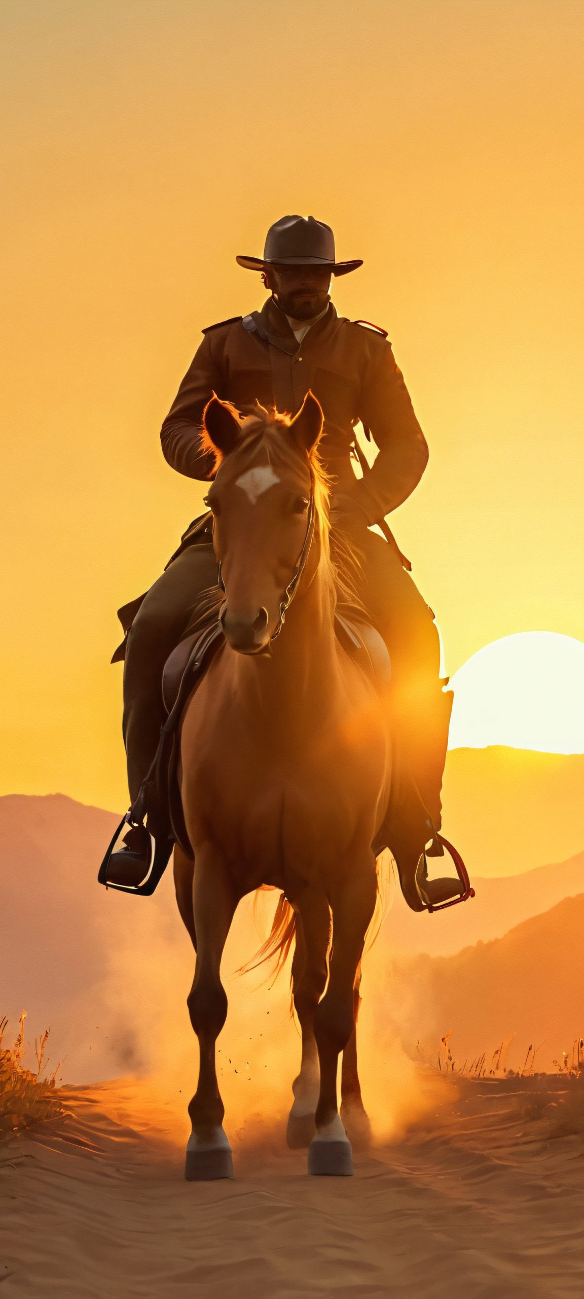 Rider standing at the edge of a serene waterbody during golden hour, with sandy dunes and lush greenery in the background. Perfect for iPhone/Android home screens.