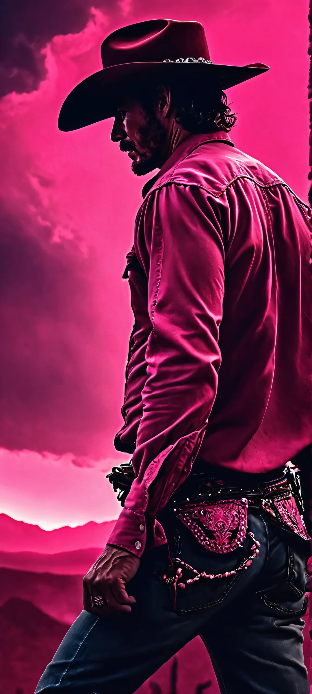 Ridin' Under the Red Sky Aesthetic Phone Wallpaper A dramatic cowboy silhouette under a starry night sky, perfectly suited for iPhone and Android devices.