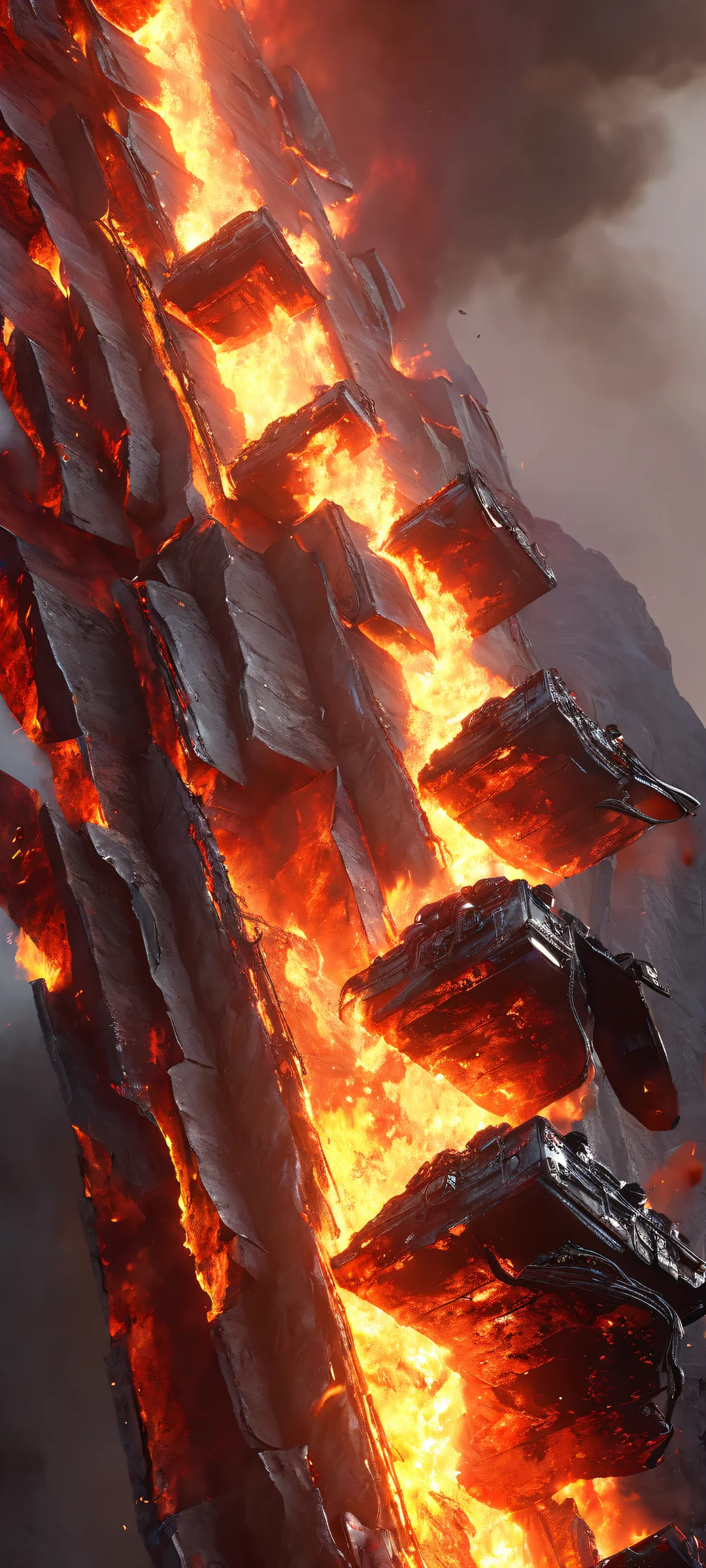 iPhone and Android mobile wallpaper of a mecha rising through flames in an apocalyptic wasteland, with glowing embers.