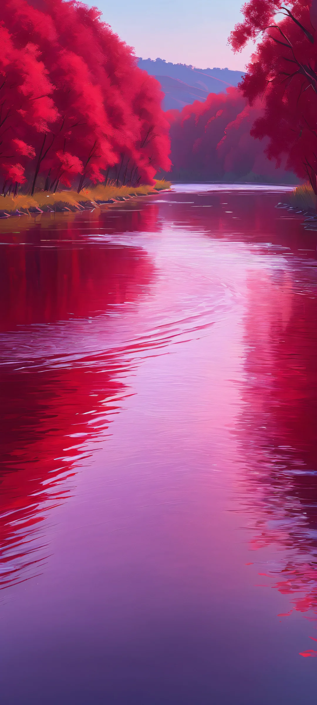 Breathtaking vertical mobile wallpaper of a crimson river landscape, perfectly optimized for iPhone and Android devices.