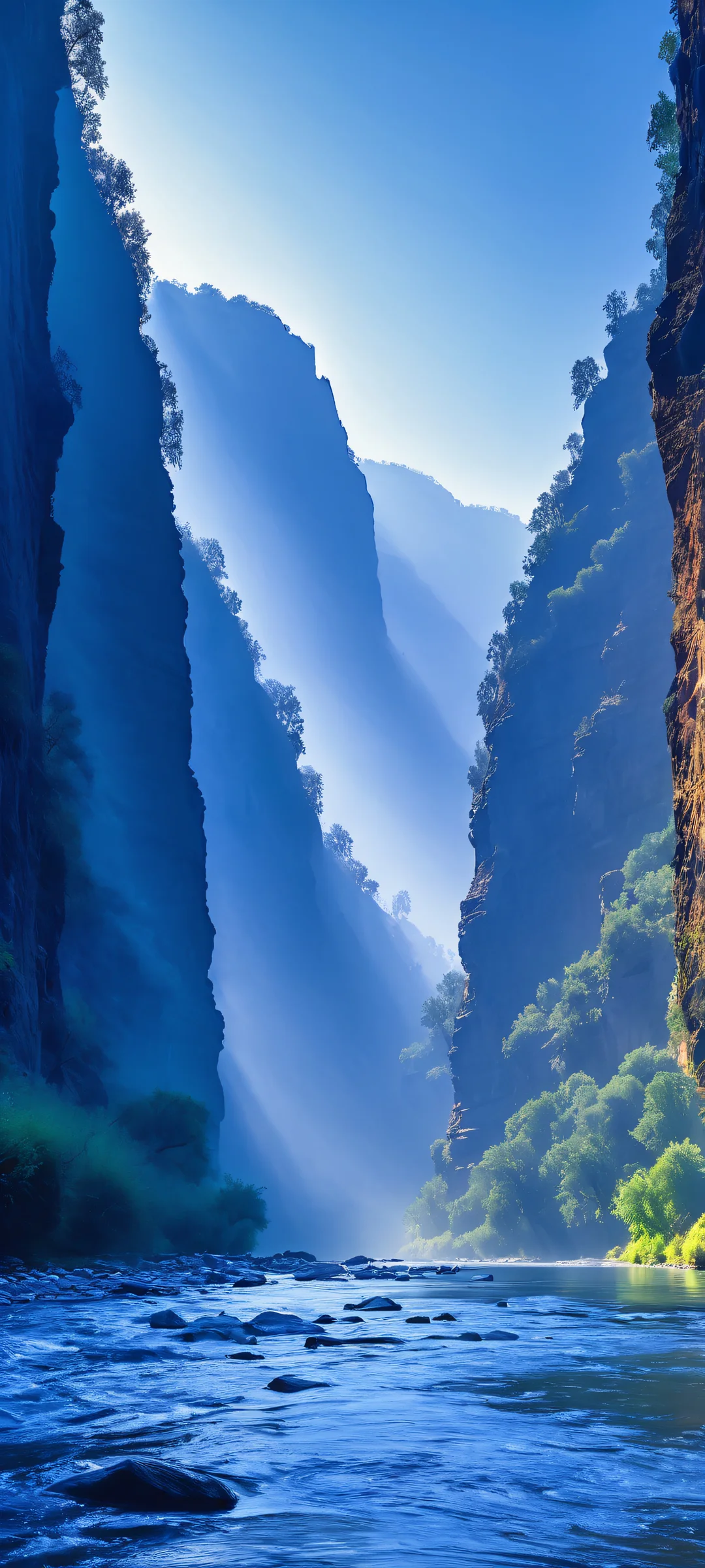 A serene and mystical river scene at twilight, perfect for iPhone/Android home screens