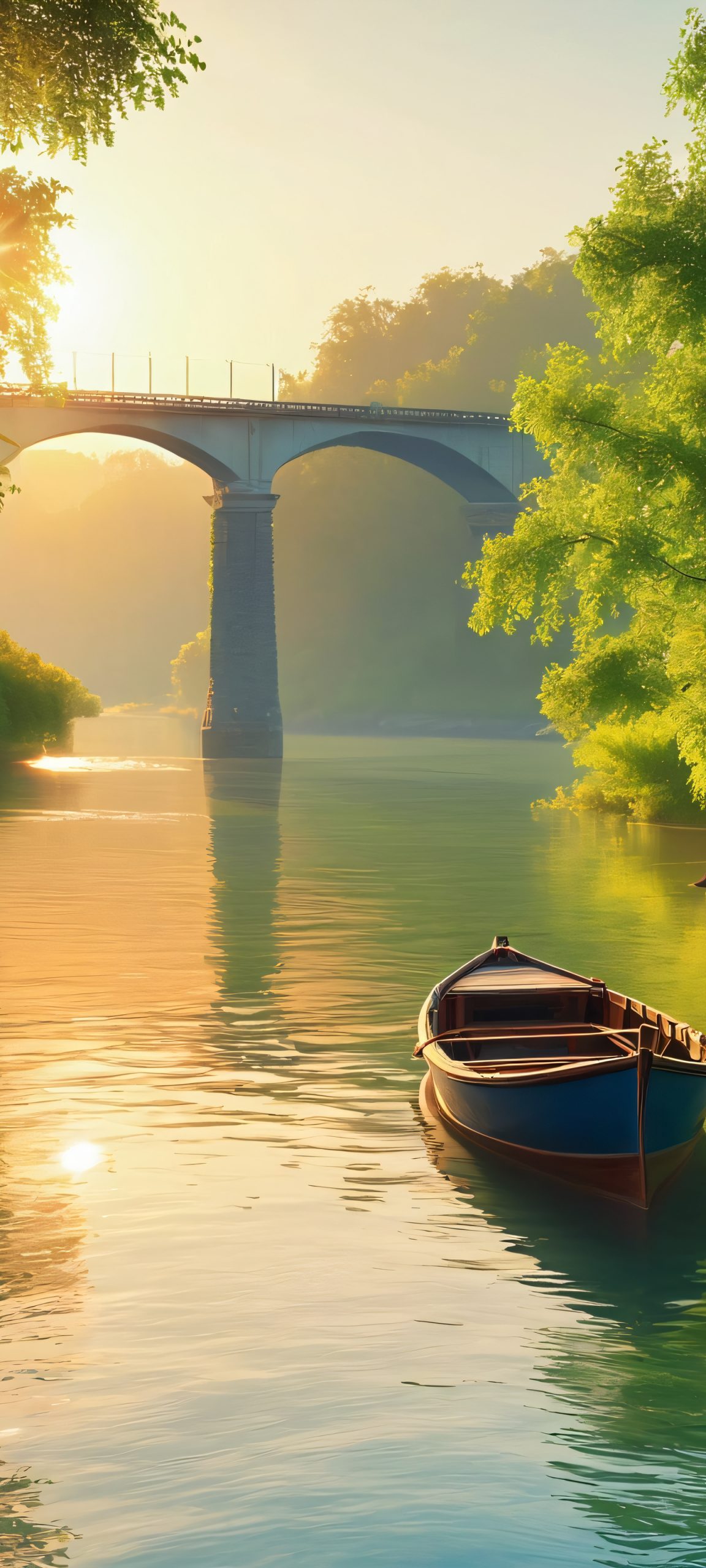 A serene boat scene on a river, with a bridge and lush greenery, perfect for iPhone/Android home screens