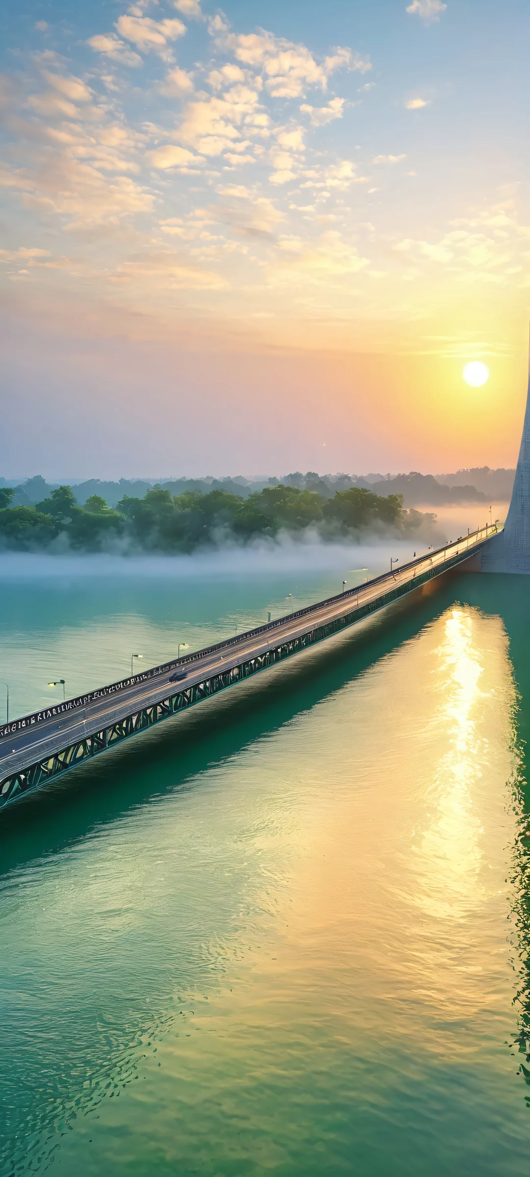 A serene bridge over a calm river at sunrise. Perfect for iPhone/Android home screens.