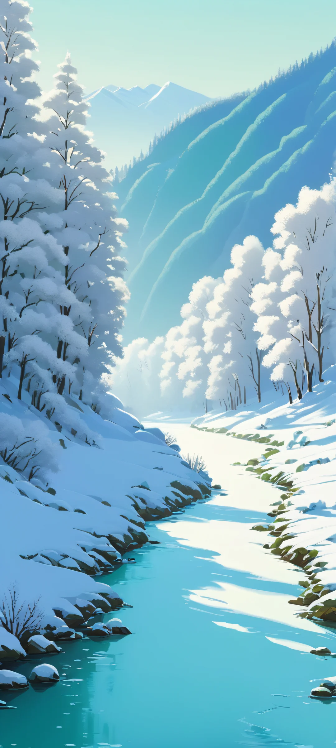 A softly lit snowy landscape of River Valley on an iPhone or Android phone. Perfectly optimized for your home screen.