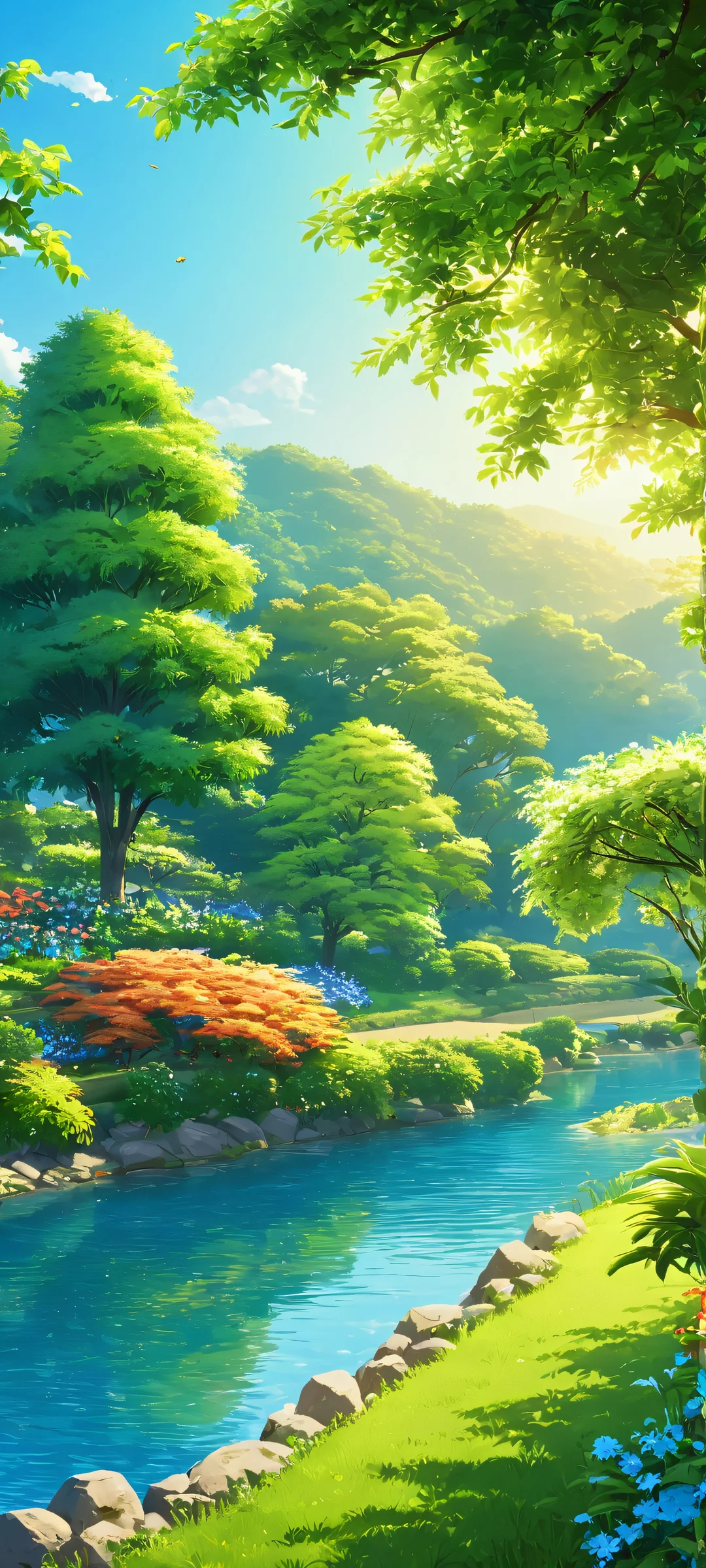 Breathtaking riverbank garden scene perfectly optimized for iPhone and Android devices.