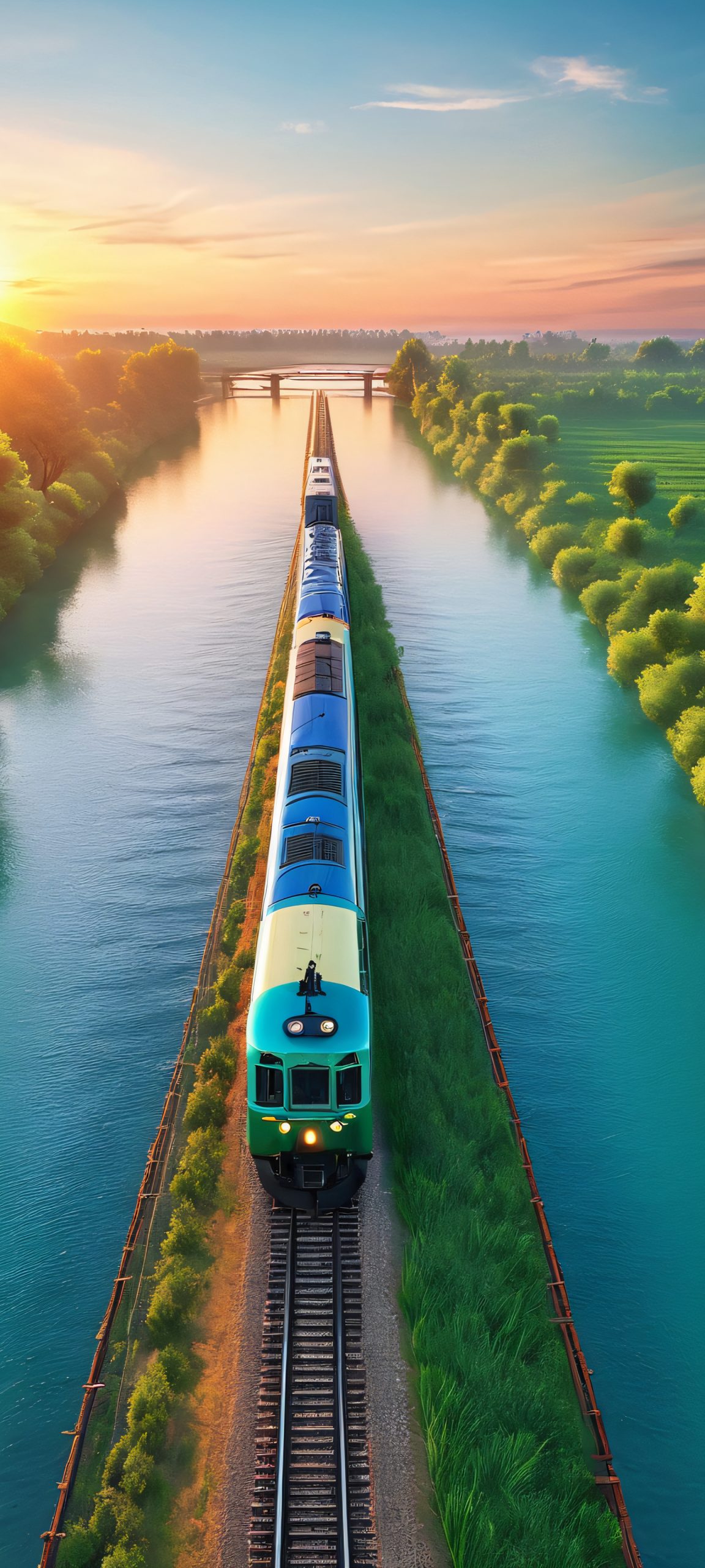 Breathtaking sunset scene of a train crossing a river, perfectly optimized for iPhone, Samsung Galaxy, and Android home screens.