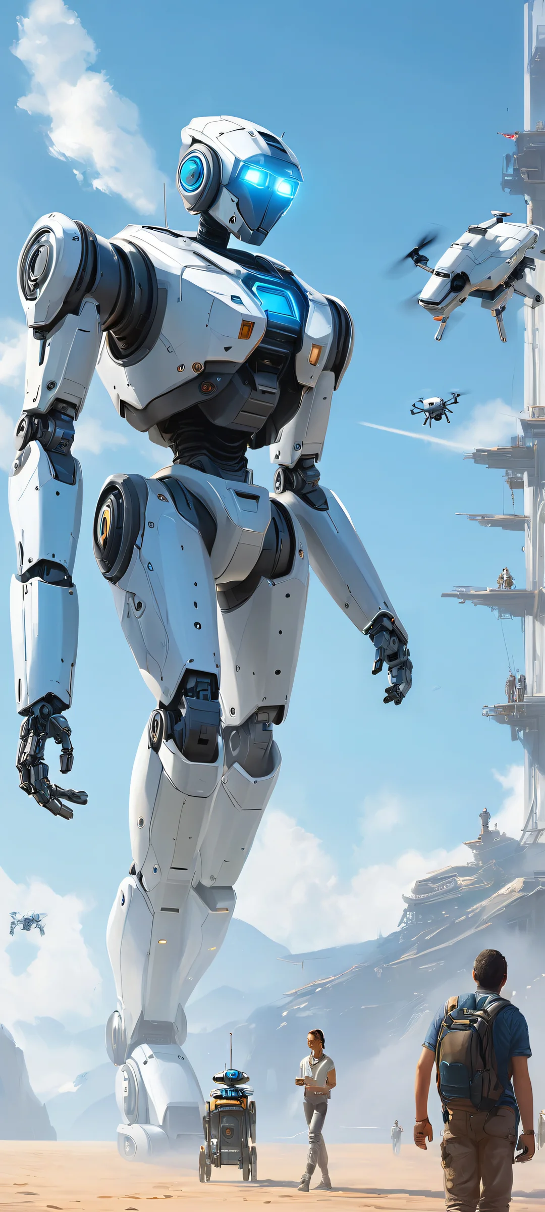 A futuristic cityscape with robots and people amidst a drone-filled sky at dawn. iPhone/Android compatible.