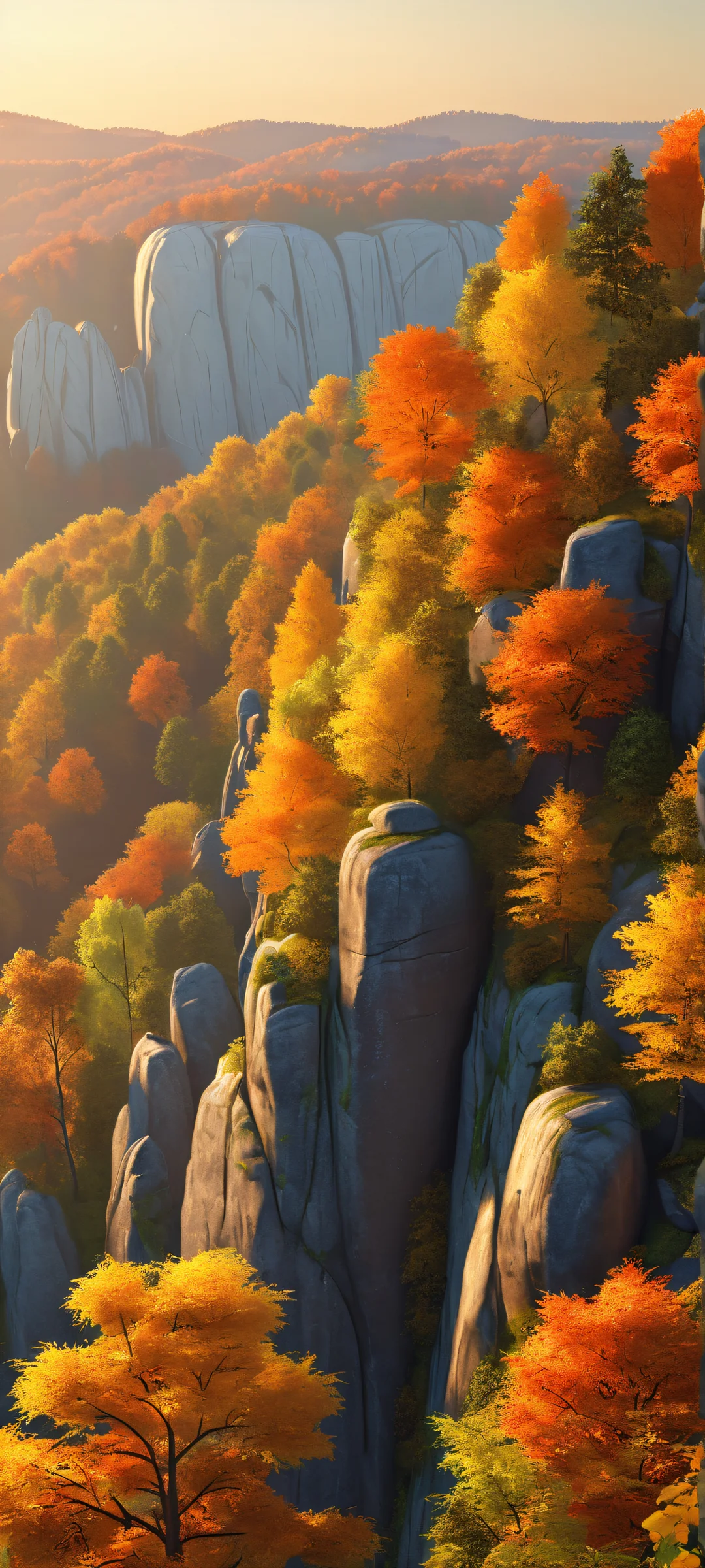 Autumn forest scenery with iPhone/Android phone perfectly placed amidst the golden hour glow and vibrant trees