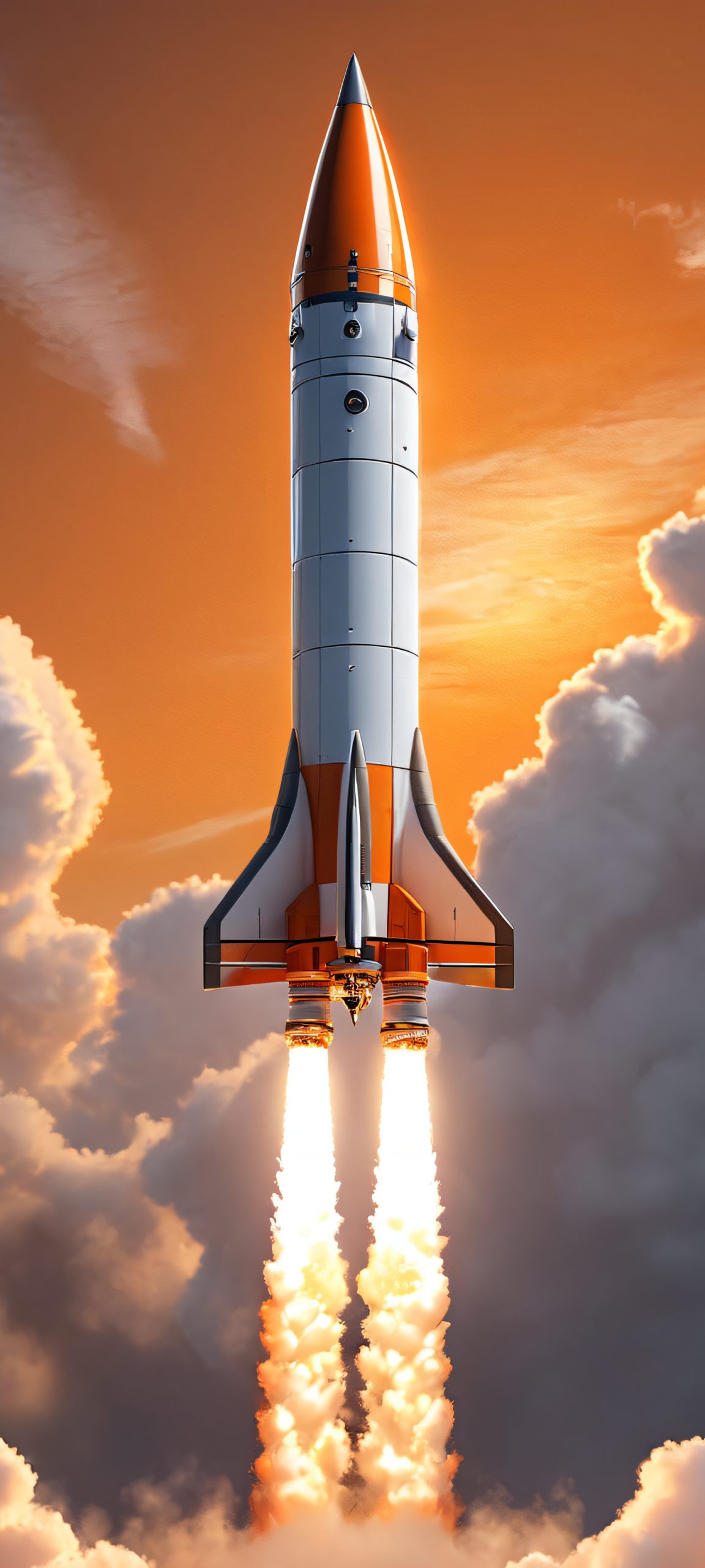 A stunning vertical wallpaper of a rocket soaring into the golden hour sky, perfect for iPhone and Android devices.