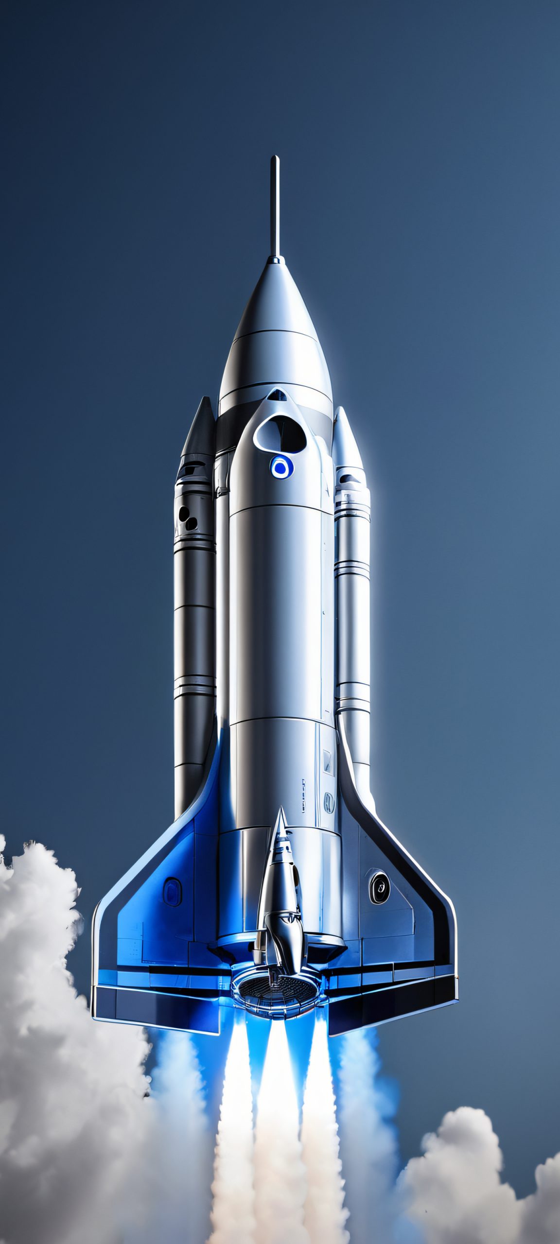 iPhone/Android wallpaper featuring a stunning rocket blast off against a backdrop of metallic silver, deep blue, and concrete grey