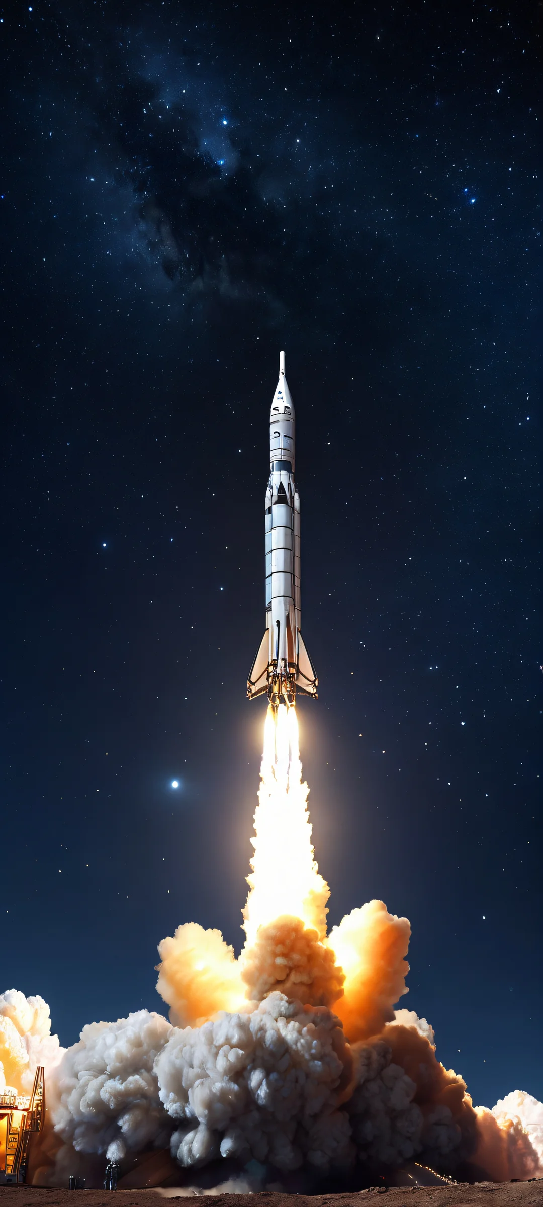 iPhone and Android users will love this stunning vertical mobile wallpaper of a rocket launching into the dark starry sky, with dramatic clouds and celestial bodies.