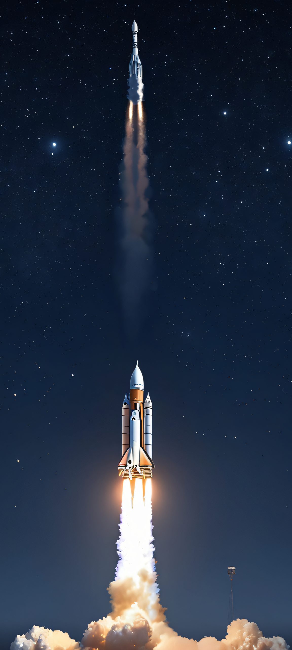A stunning vertical mobile wallpaper featuring a rocket soaring through the night sky, perfectly optimized for iPhone and Android devices.
