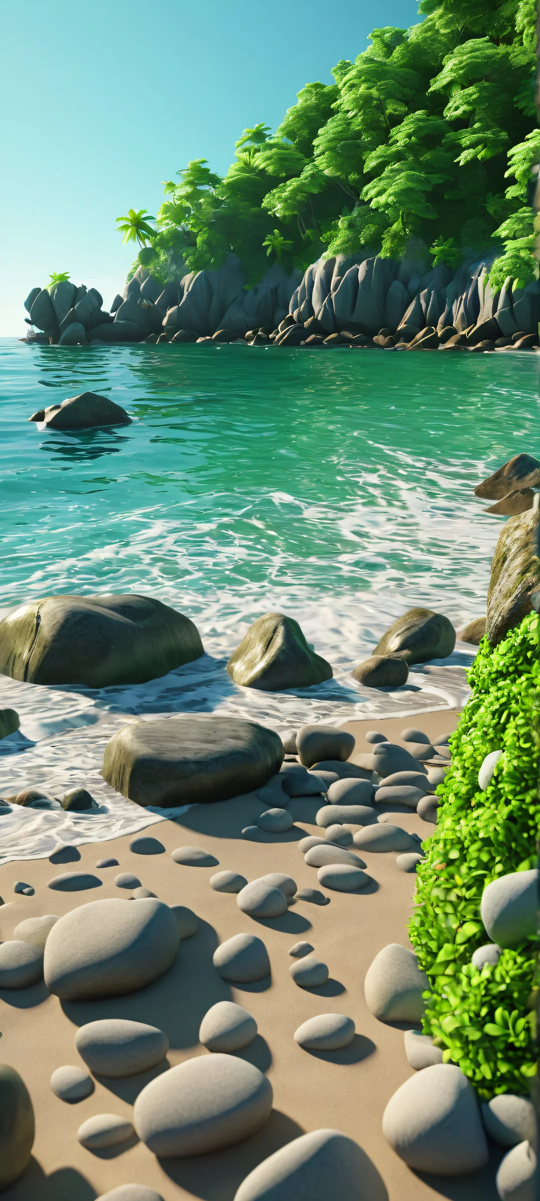 A stunning Rocky Beach scene for iPhone and Android devices, featuring volumetric lighting and a vibrant color palette.