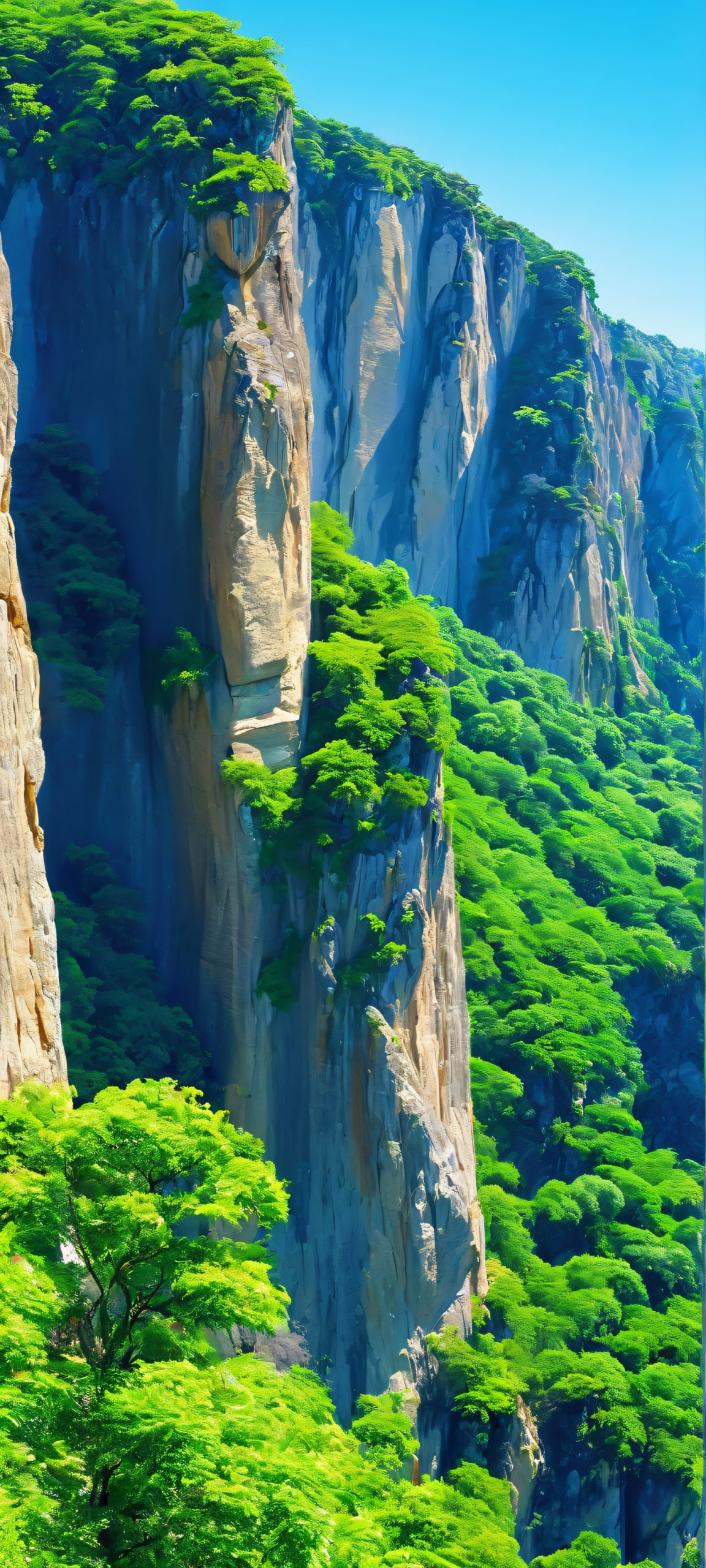 rocky cliffs blue sky green trees masterpiece scaled