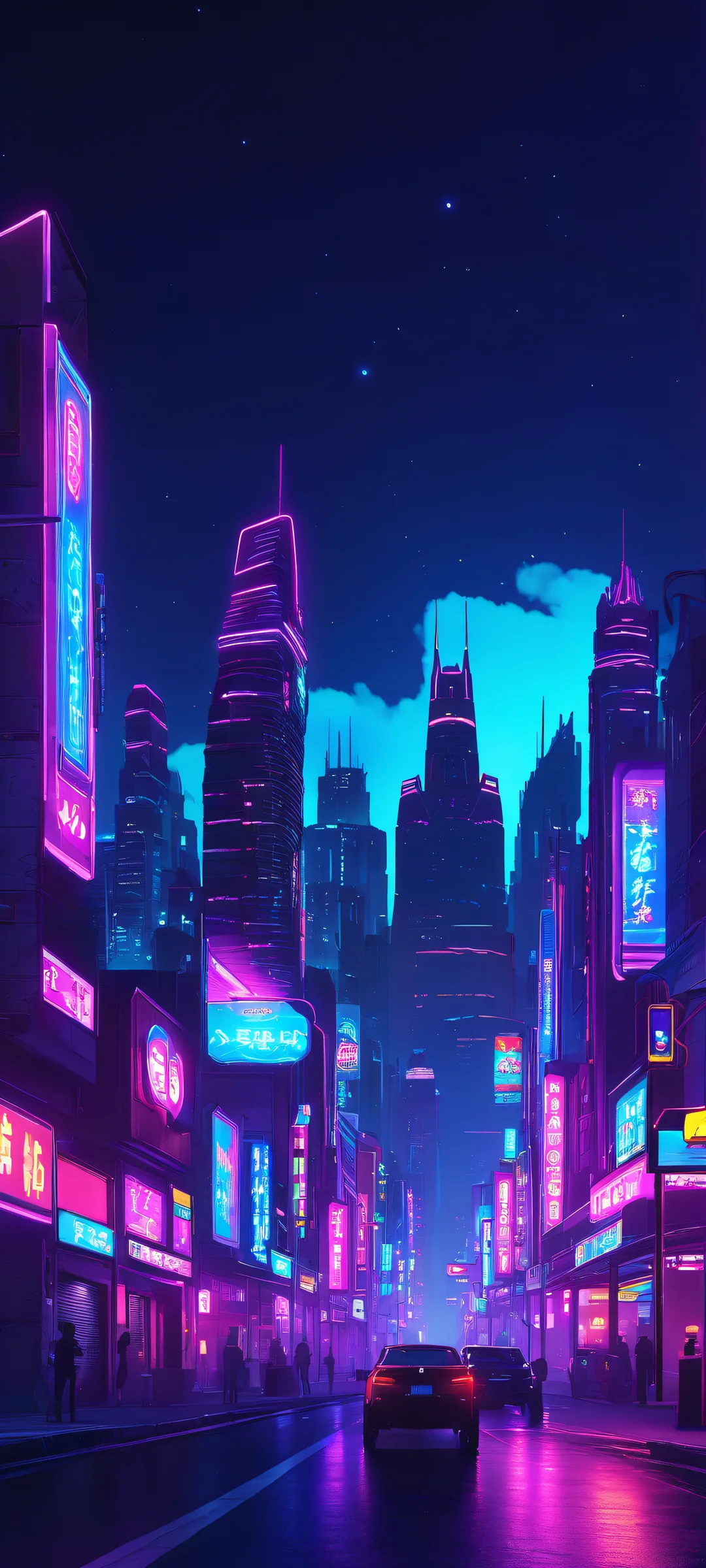 A stunning cityscape at dusk with a rocky landscape illuminated by neon lights, best suited for iPhone and Android home screens.
