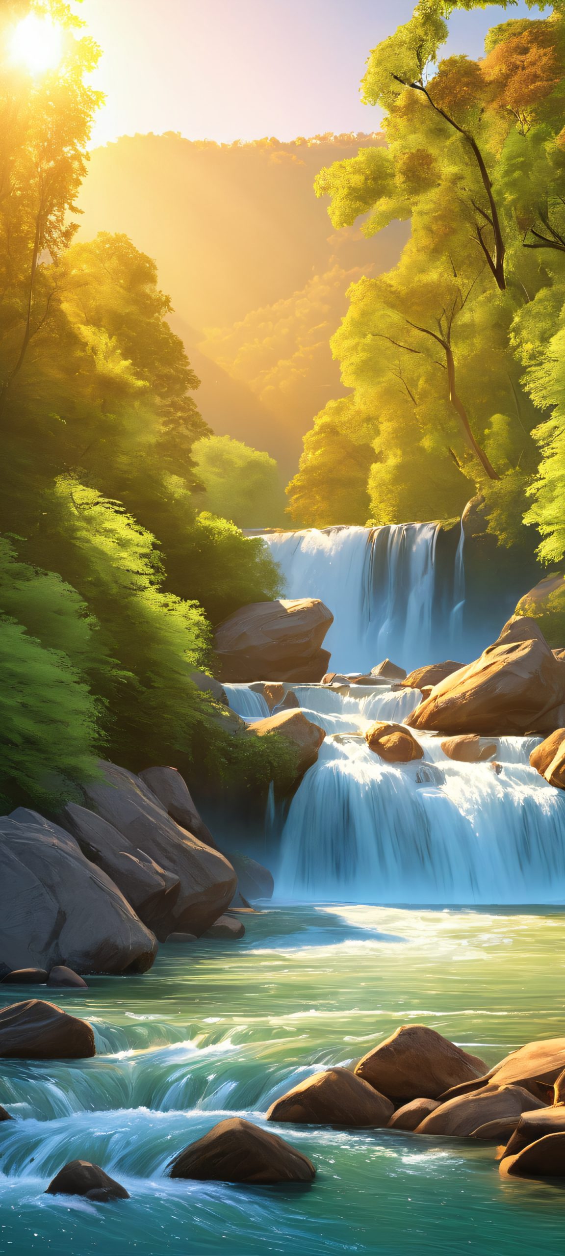 Rocky River Waterfall 2K Mobile Background A serene iPhone and Android mobile wallpaper of Rocky River Waterfall, capturing the beauty of nature's golden hour with lush green, blue, and brown tones.