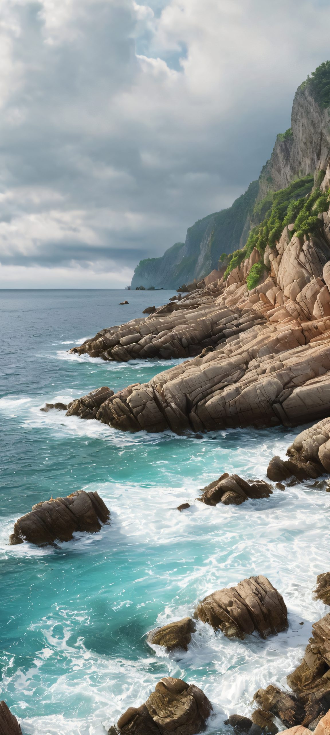 A serene rocky shore on a cloudy day, perfectly suited for your iPhone or Android device