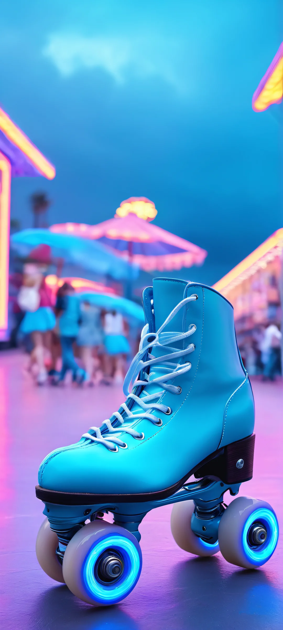 A nostalgic vertical mobile phone wallpaper featuring roller skates and a cloudy day, with neon accents, perfectly optimized for iPhone/Android home screens.