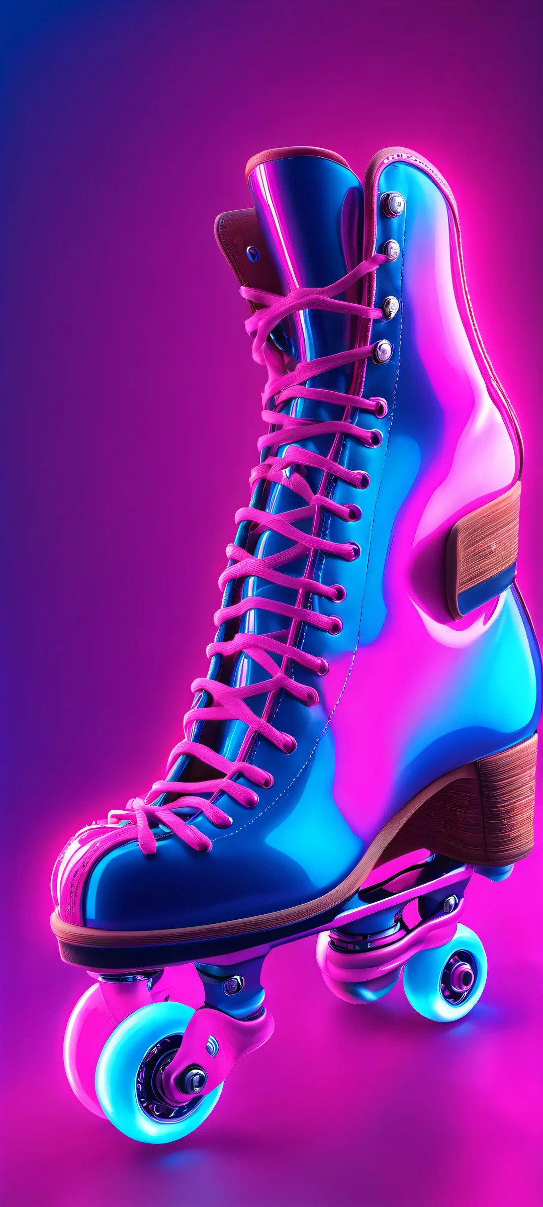 A stunning vertical mobile wallpaper of roller skates with neon pink and electric blue accents, perfect for iPhone or Android home screens.
