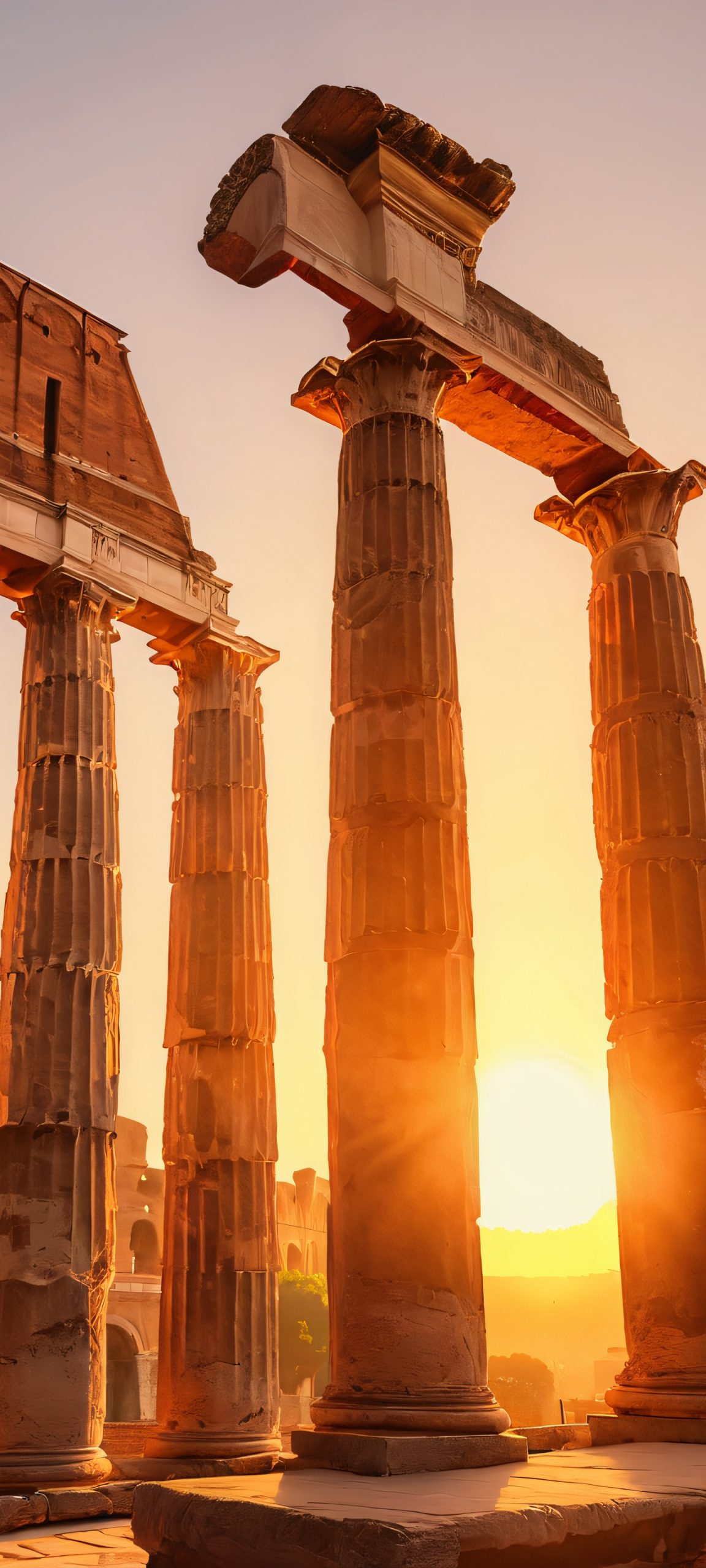 iPhone and Android user, adorn your home screen with this breathtaking vertical wallpaper of Roman Columns at sunset, featuring warm beige, deep red, and golden brown hues.