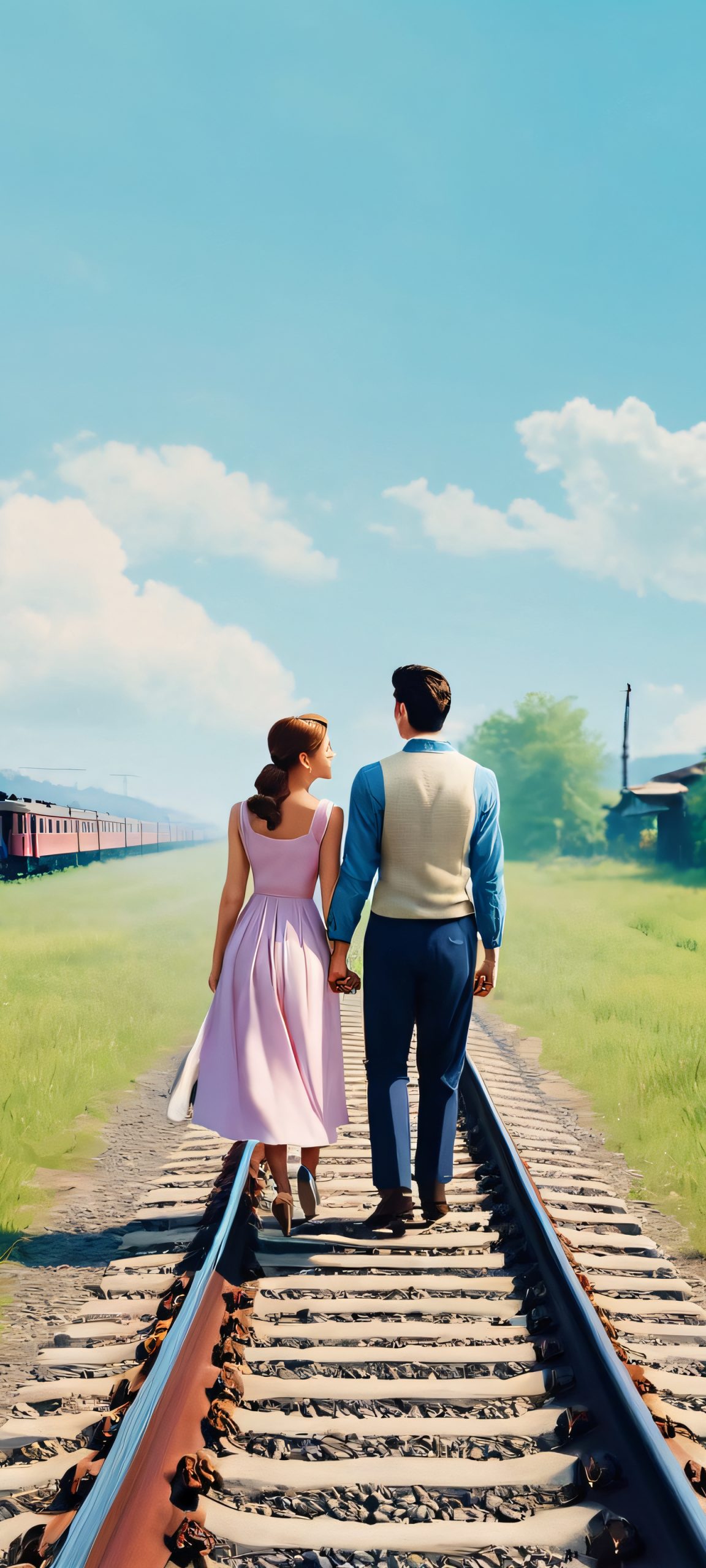 A serene couple enjoying a moment together at a bustling railway station, suitable for iPhone/Android mobile phones.