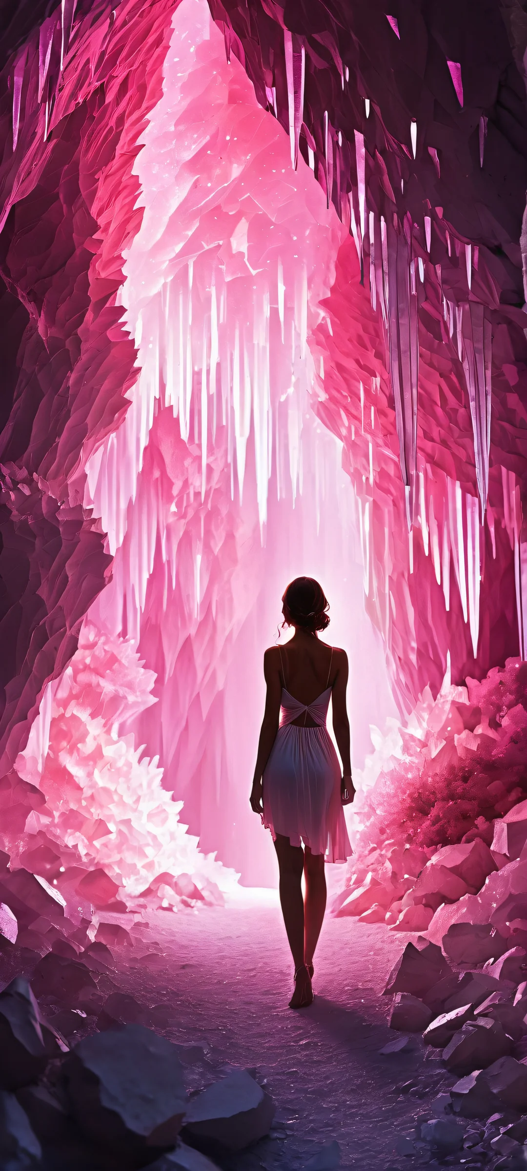 A serene digital art piece featuring a woman surrounded by the soft glow of crystals in a beautiful pink and white cave, perfectly optimized for iPhone, Samsung Galaxy, and Android home screens.
