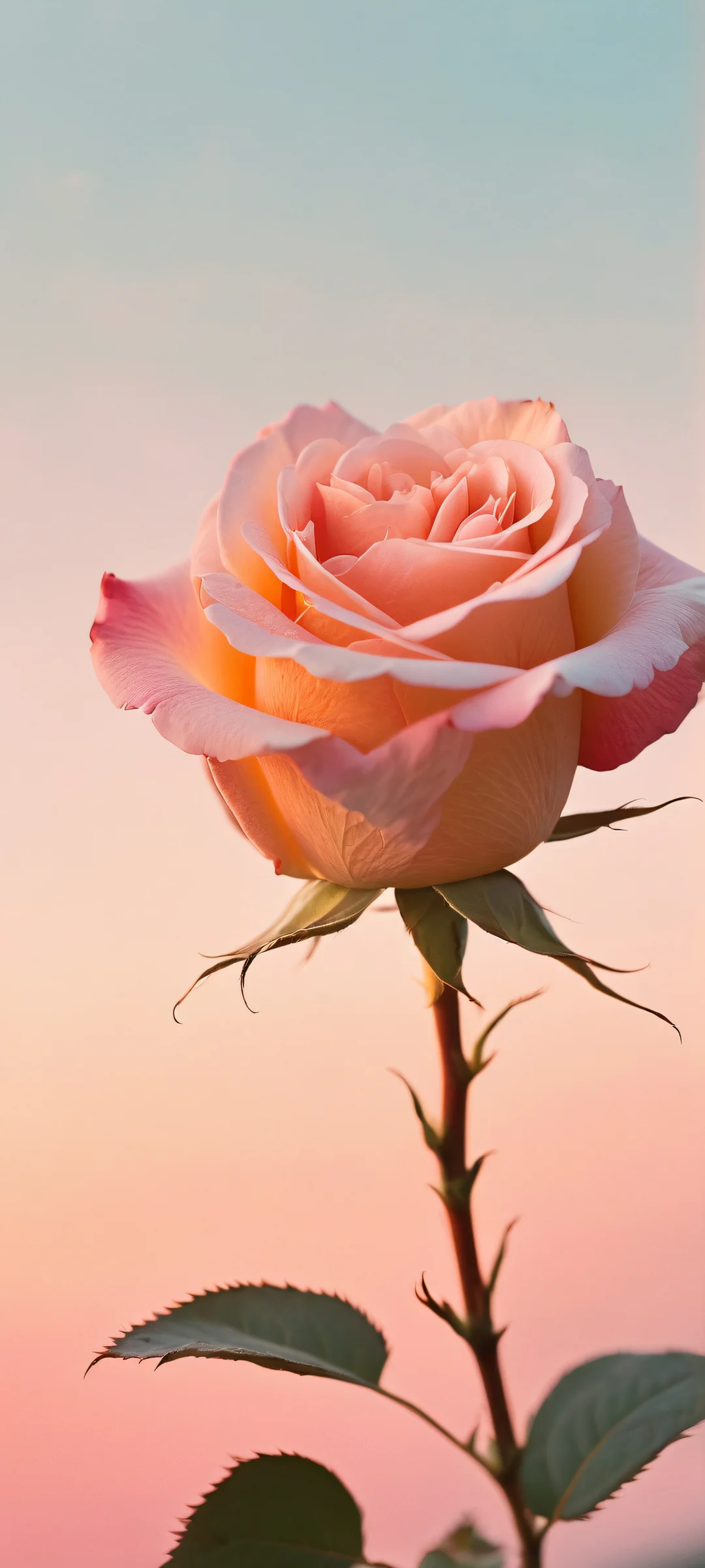 A breathtaking vertical mobile phone wallpaper featuring a stunning rose-toned digital art piece with soft glow and subtle organic film grain, perfect for iPhone/Android home screens.