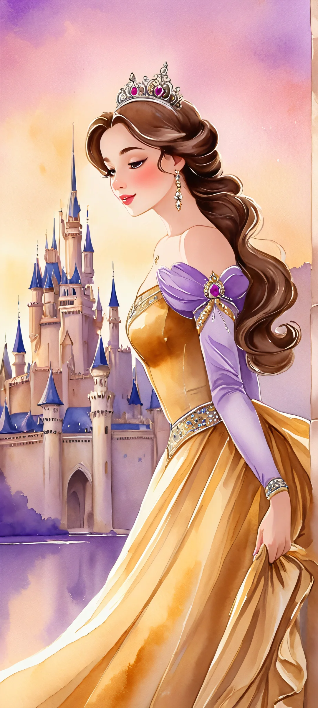Princess in a palace surrounded by watercolor soft golden purple silver and brown hues. Perfect for iPhone/Android home screens.