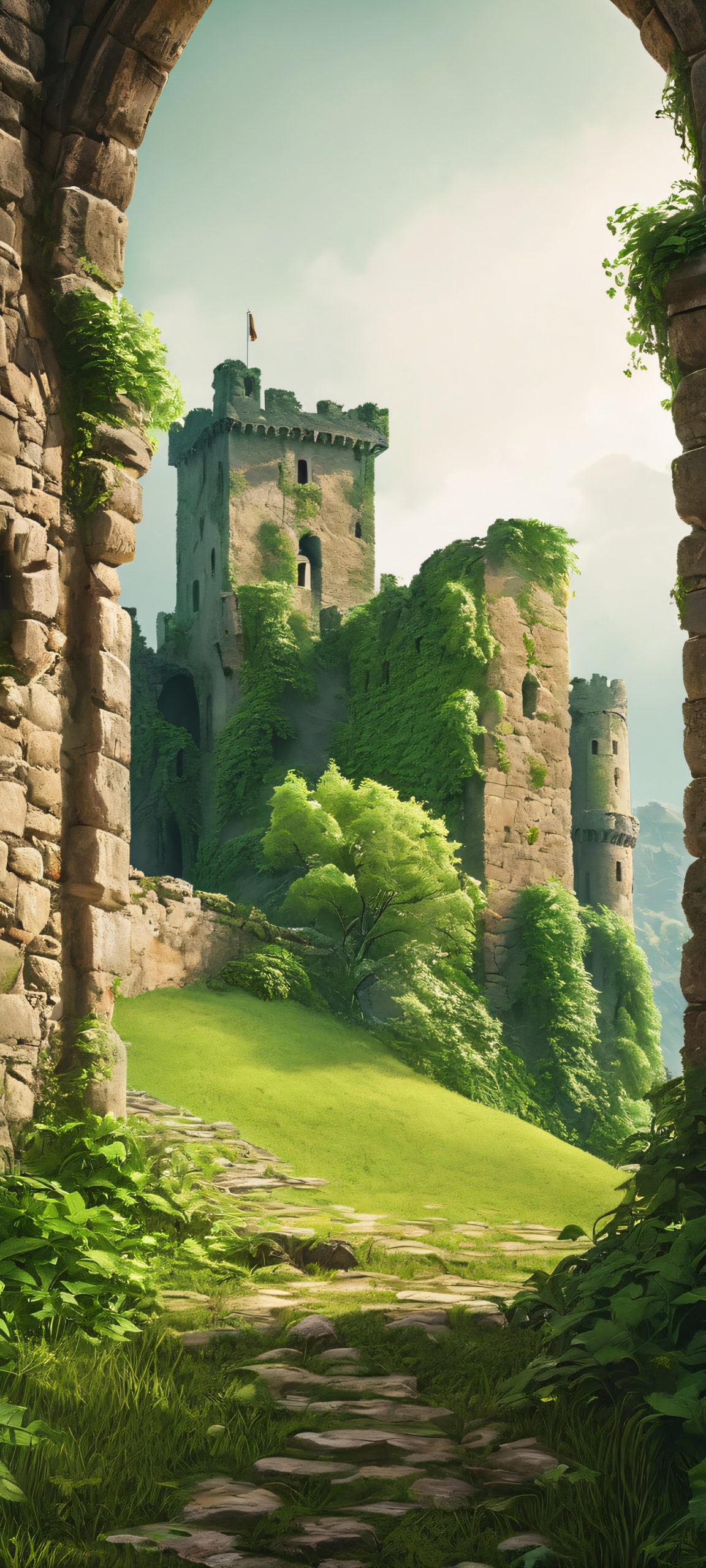 iPhone/Android compatible mobile wallpaper featuring a ruined castle in a moody, atmospheric setting, reminiscent of medieval times