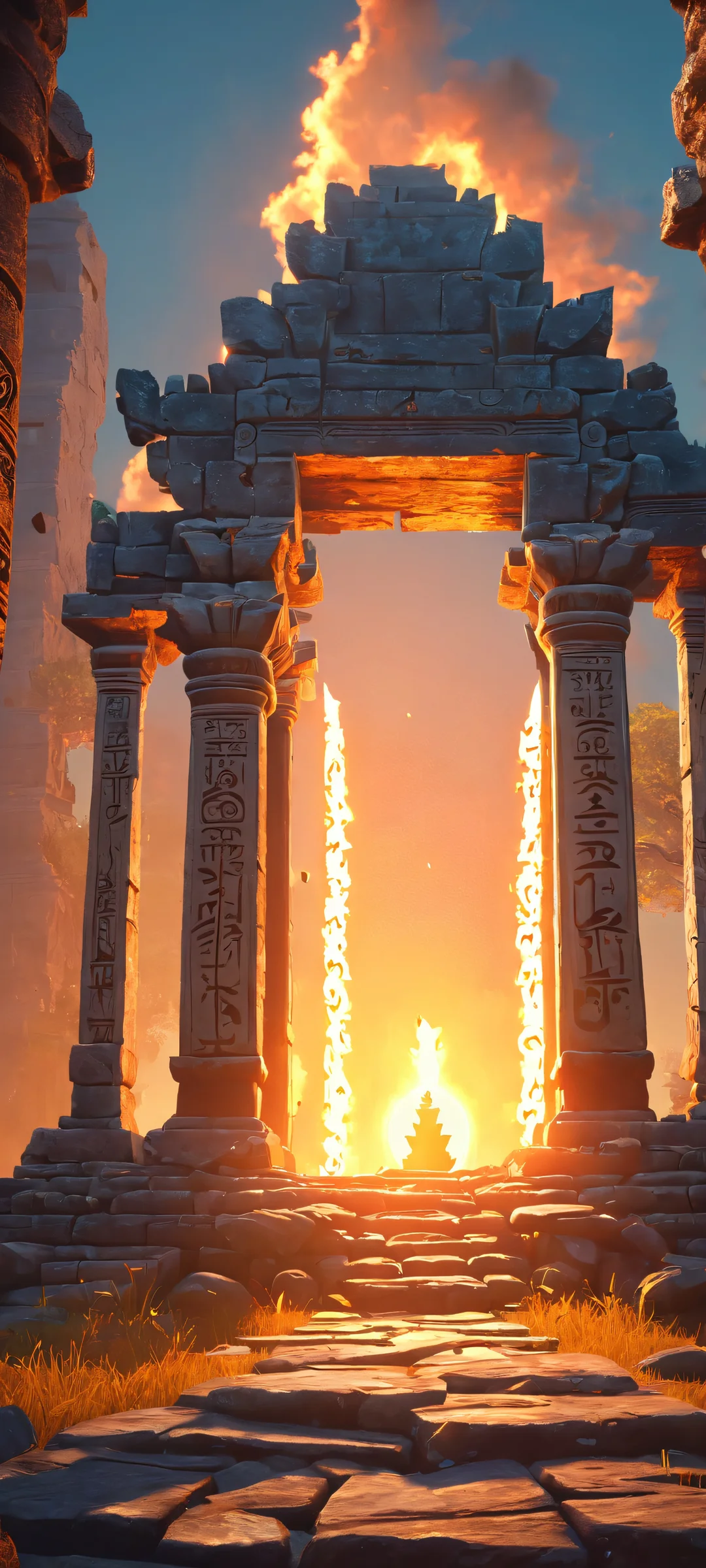 iPhone/Android compatible mobile wallpaper featuring a ruined temple with glowing runes in a 2K QHD masterpiece, Perfekt für Ihren Home-Bildschirm.