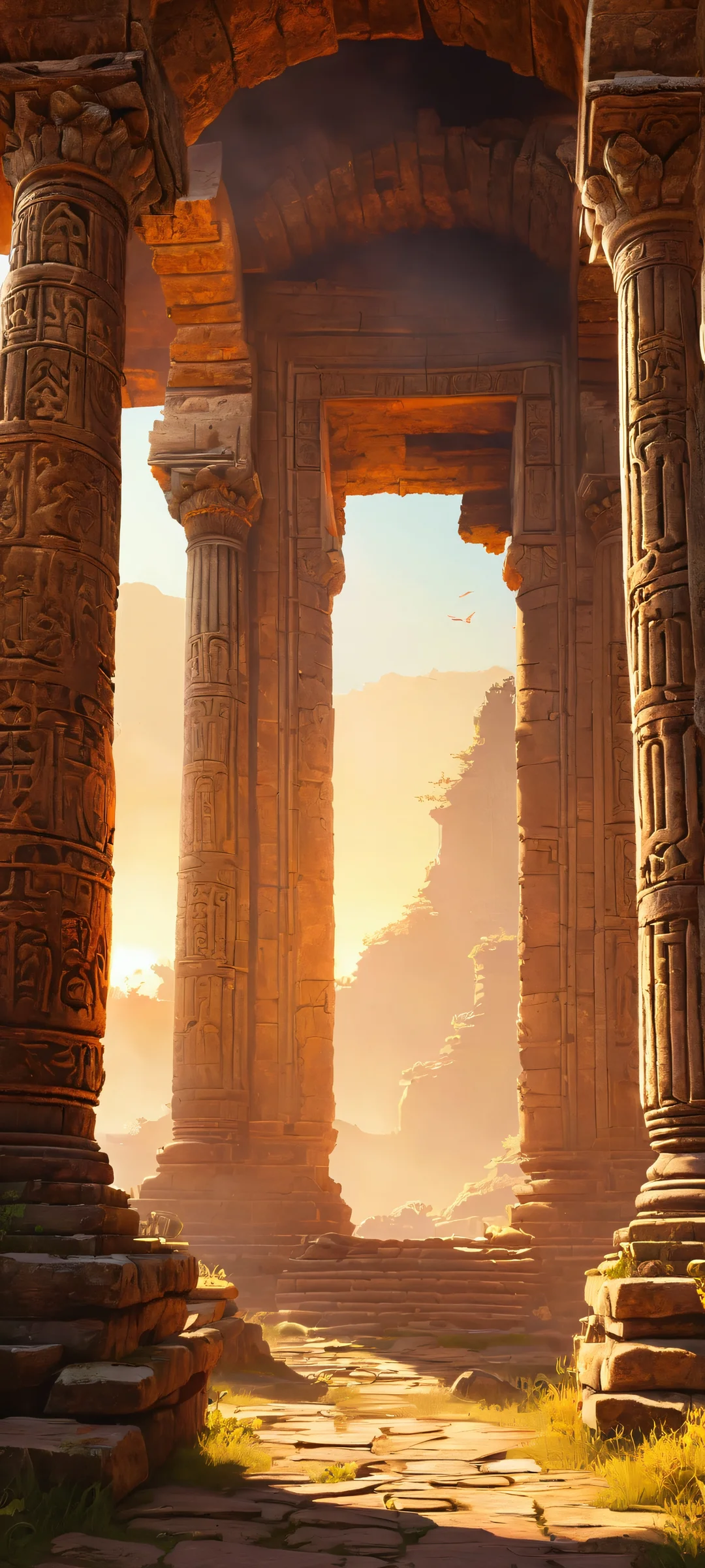A beautiful ruined temple surrounded by ancient runes, perfectly lit with a warm golden light. Suitable for iPhone/Android.