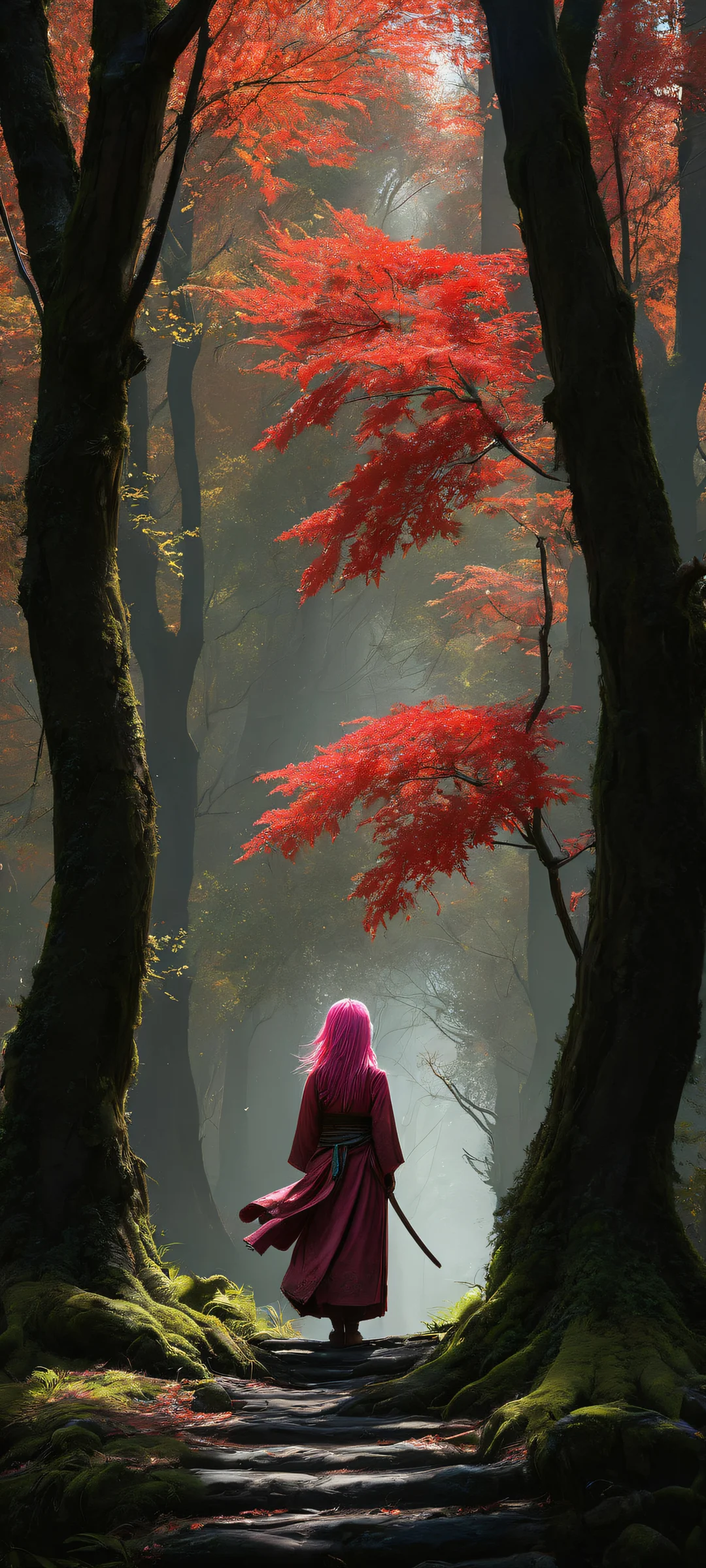 iPhone and Android wallpaper featuring Rumi and her tiger demon hunting companions in a mystical forest with misty rain and cat silhouettes, perfect for your phone's home screen.